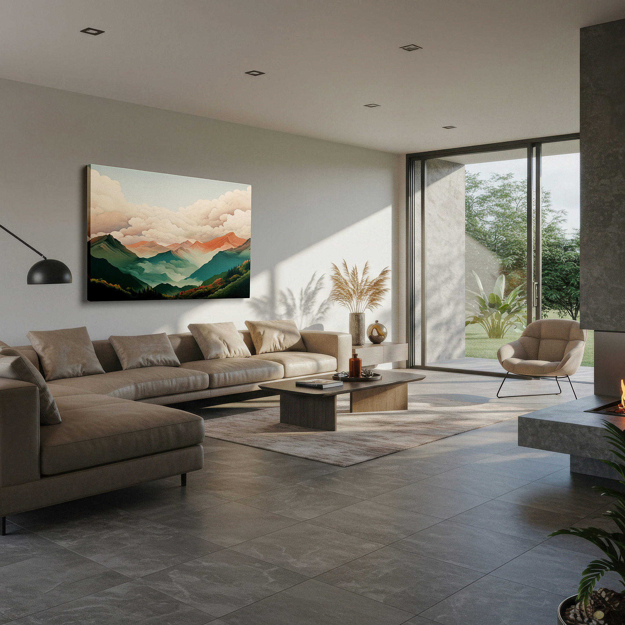 Available in 30×20 cm — a subtle addition to small personal spaces — serene mountain range surrounded by soft clouds, peaceful large wall art, canvas wall decor for office and bedroom
