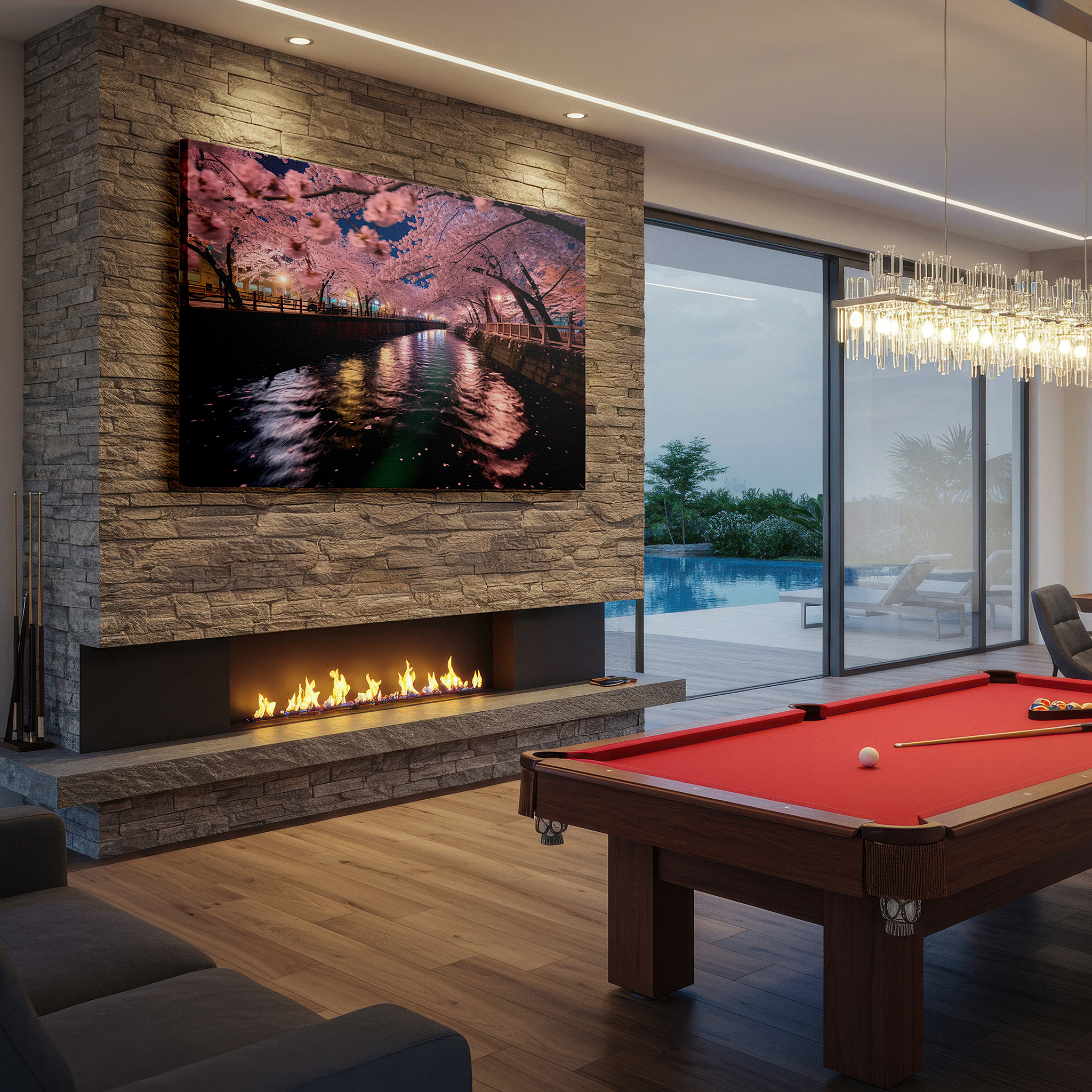 Available in 30×20 cm — a subtle addition to small personal spaces — serene river and cherry blossoms under a starlit sky: large canvas wall art for office, bedroom, and living room decor