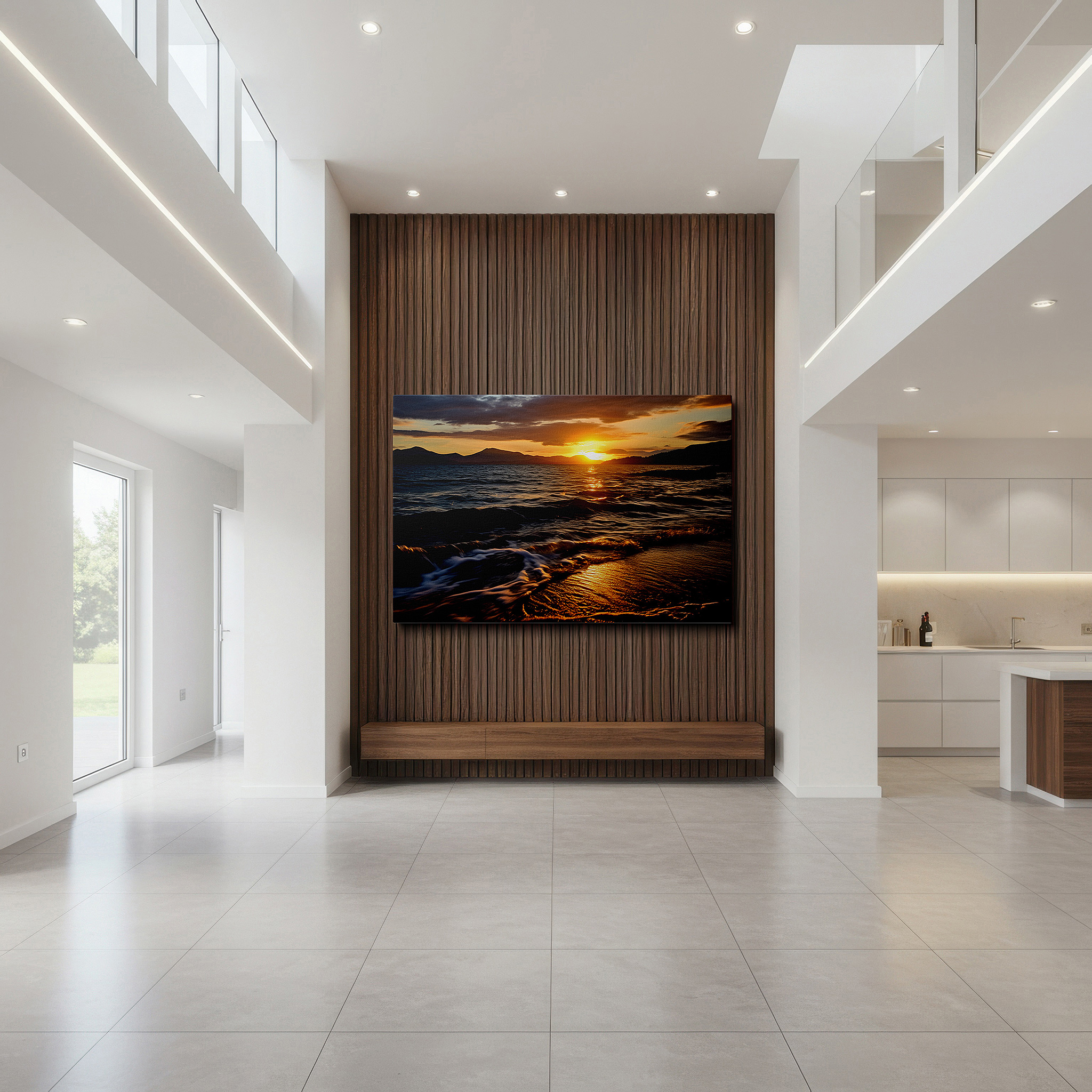 Available in 30×20 cm — a subtle addition to small personal spaces — serene sunset and mountain guardians canvas print - tranquil ocean vista wall art for home and office decor, perfect for living room and bedroom