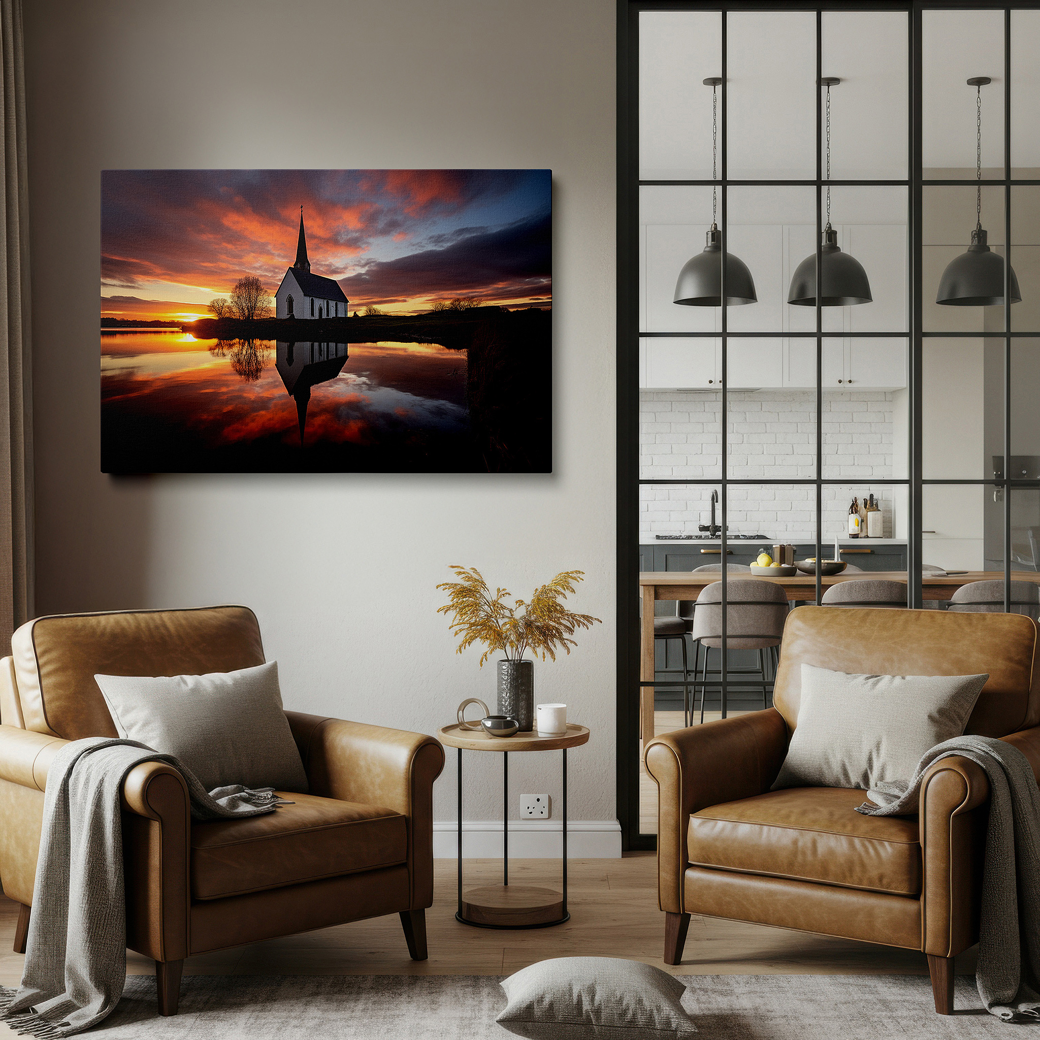 Available in 30×20 cm — a subtle addition to small personal spaces — serene sunset and quaint church reflections by a lake - nature and architecture masterpiece large wall art, canvas wall art, wall decor for office