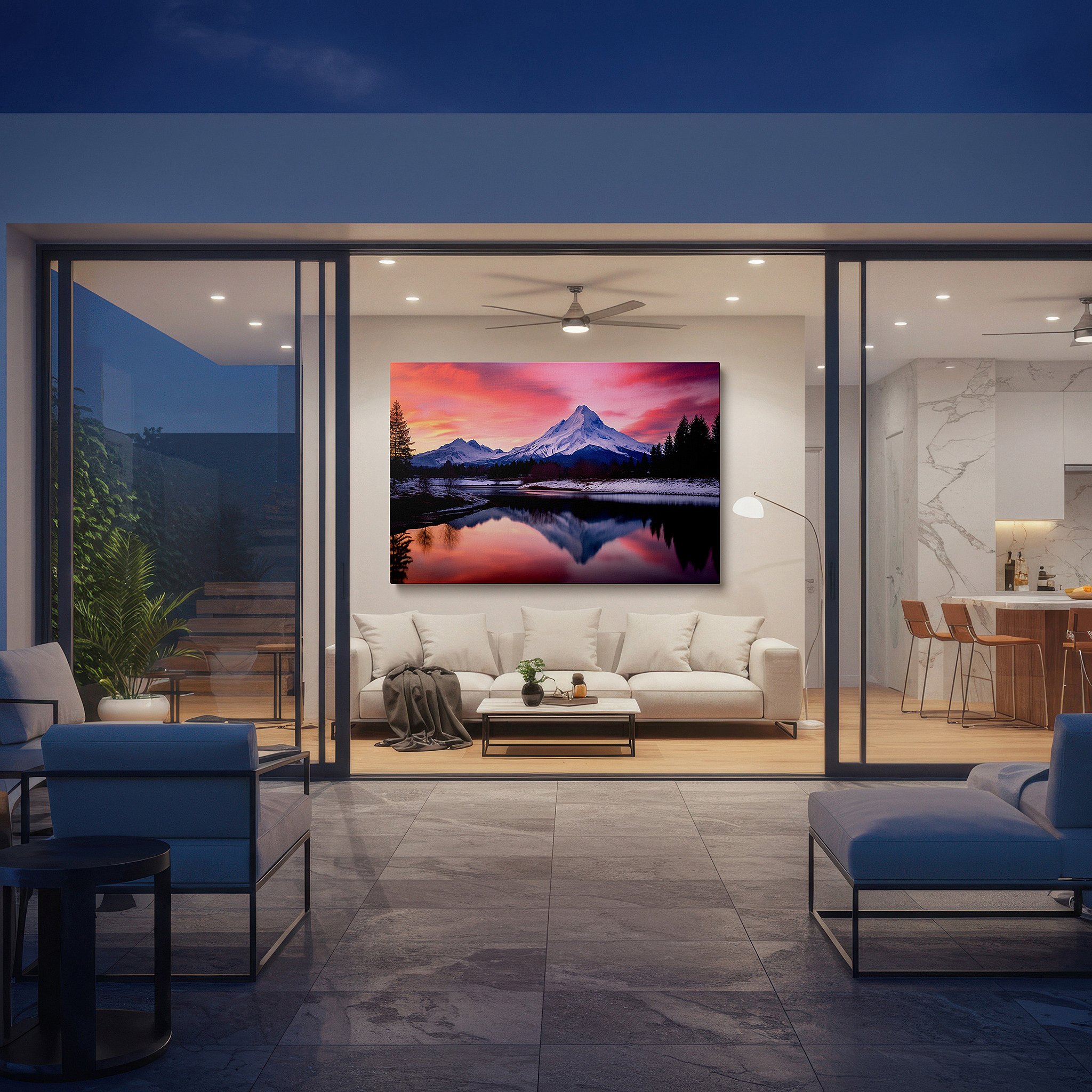 Available in 30×20 cm — a subtle addition to small personal spaces — serene sunset reflections on majestic mountains in lake waters - large canvas wall art for office, bedroom, and living room decor