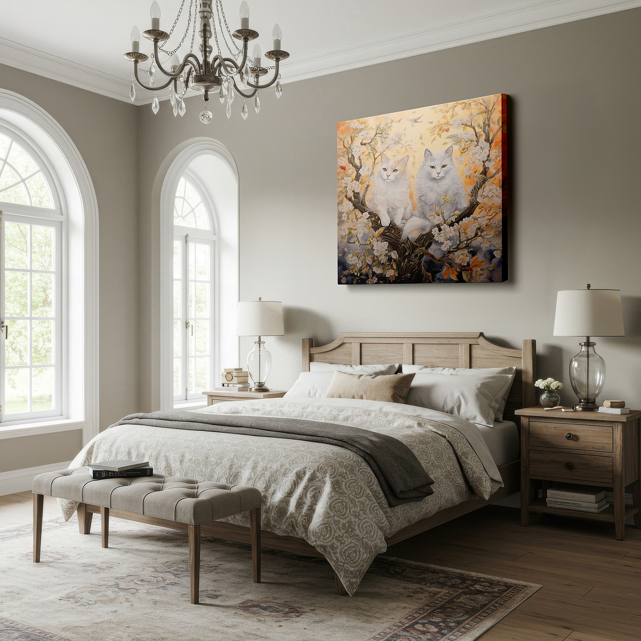 Available in 30×20 cm — a subtle addition to small personal spaces — serene white cats and spring blossoms symphony, large canvas wall art for office and bedroom decor