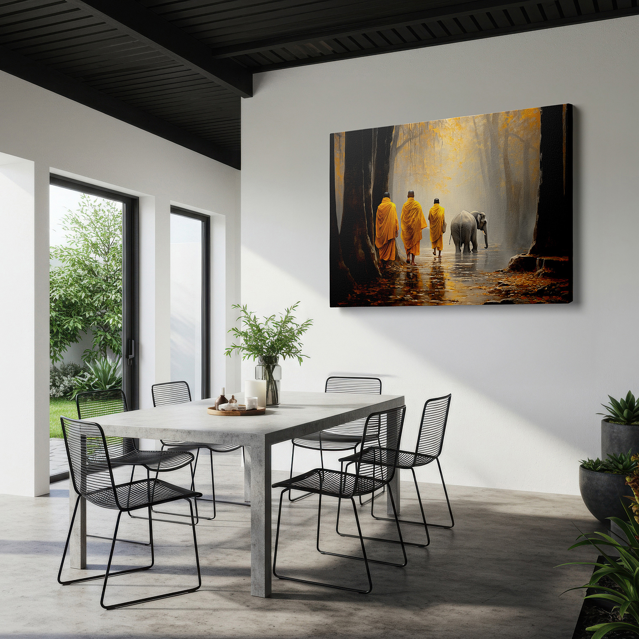 Available in 30×20 cm — a subtle addition to small personal spaces — serenity in the mist: monks and elephant in autumn glow - large canvas wall art for office, bedroom, and living room decor