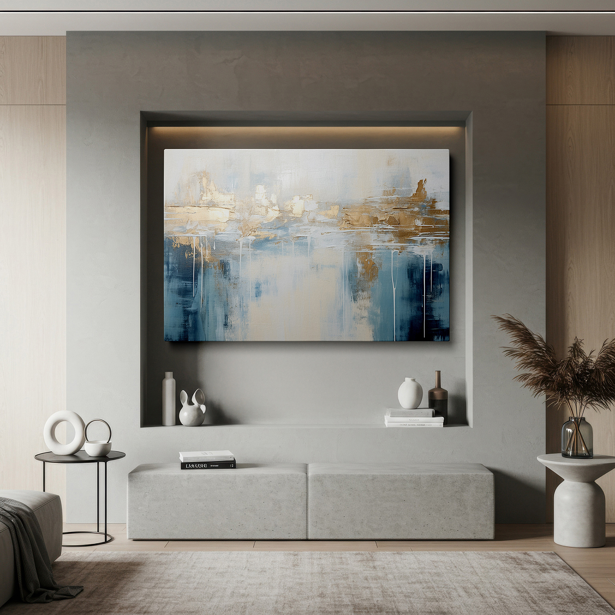 Available in 30×20 cm — a subtle addition to small personal spaces — stunning gold and blue abstract minimalist large canvas wall art for office and bedroom decor