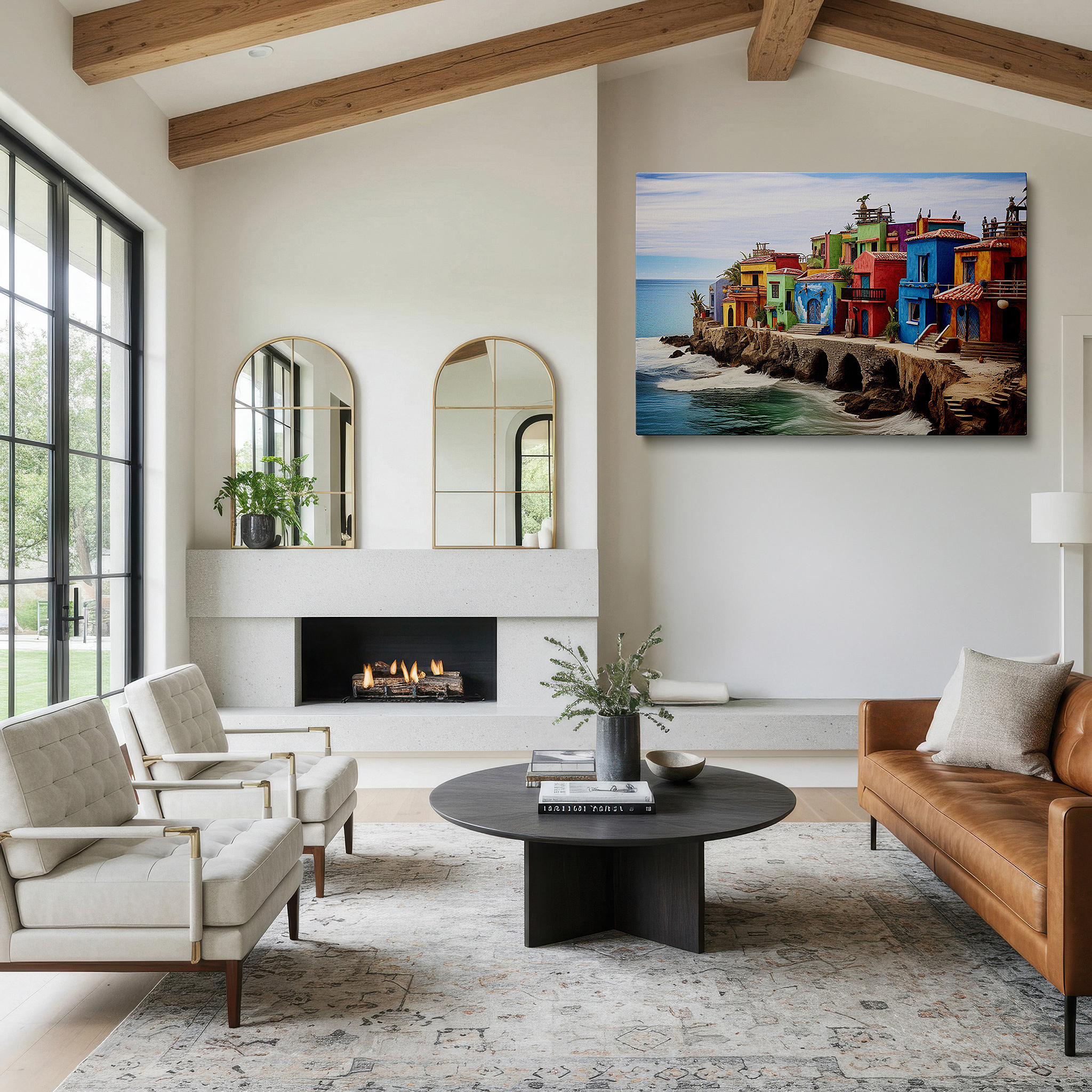 Available in 30×20 cm — a subtle addition to small personal spaces — sunlit cliffside coastal village, escape to serene blue waters large wall art, canvas wall art, wall decor for office and bedroom