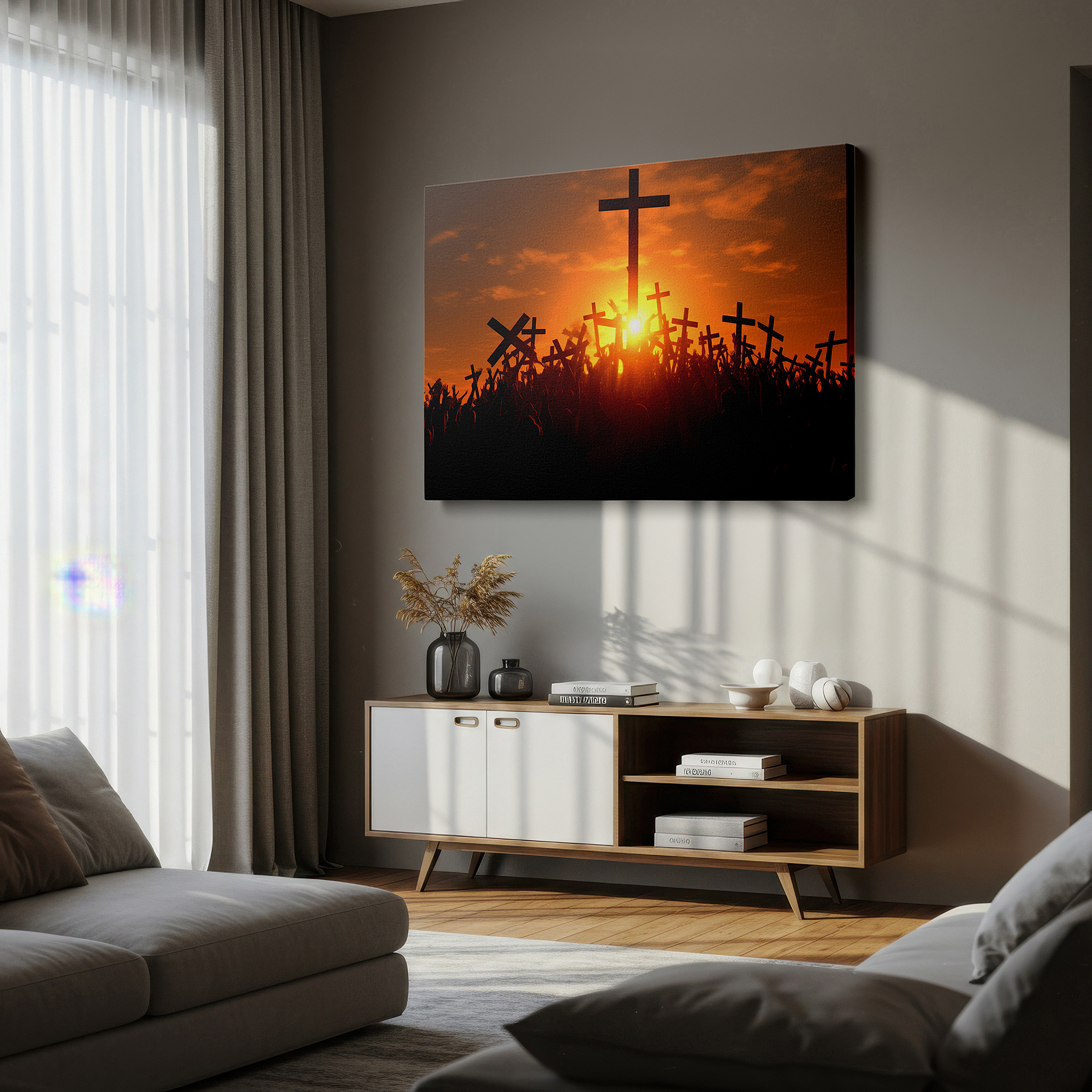 Available in 30×20 cm — a subtle addition to small personal spaces — sunset gathering wall art: faith, unity, and renewal in warm hues - large canvas for office, bedroom, and living room decor