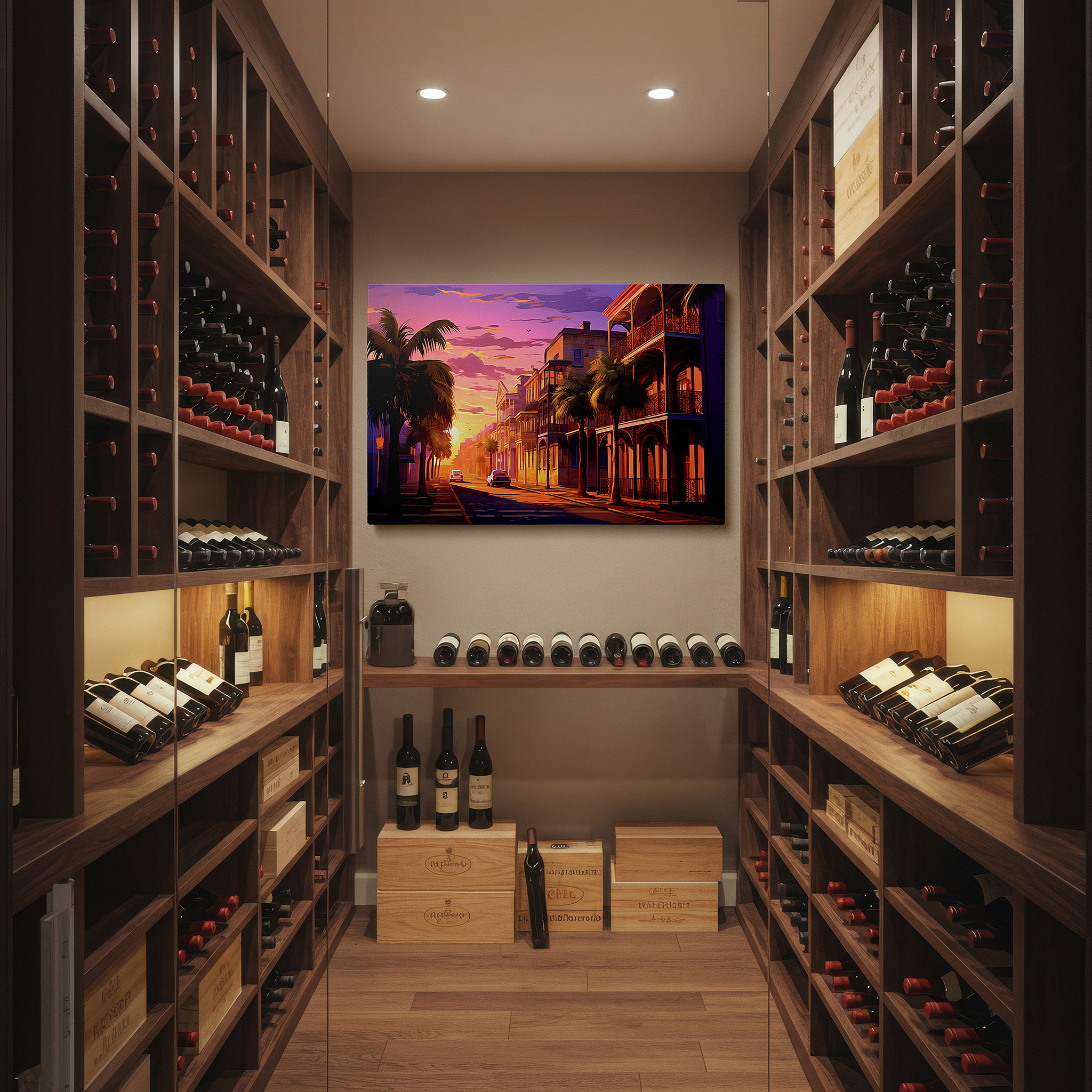 Available in 30×20 cm — a subtle addition to small personal spaces — sunset glow over a historic southern coastal town, serene street scene with tropical flair, large canvas wall art for office decor