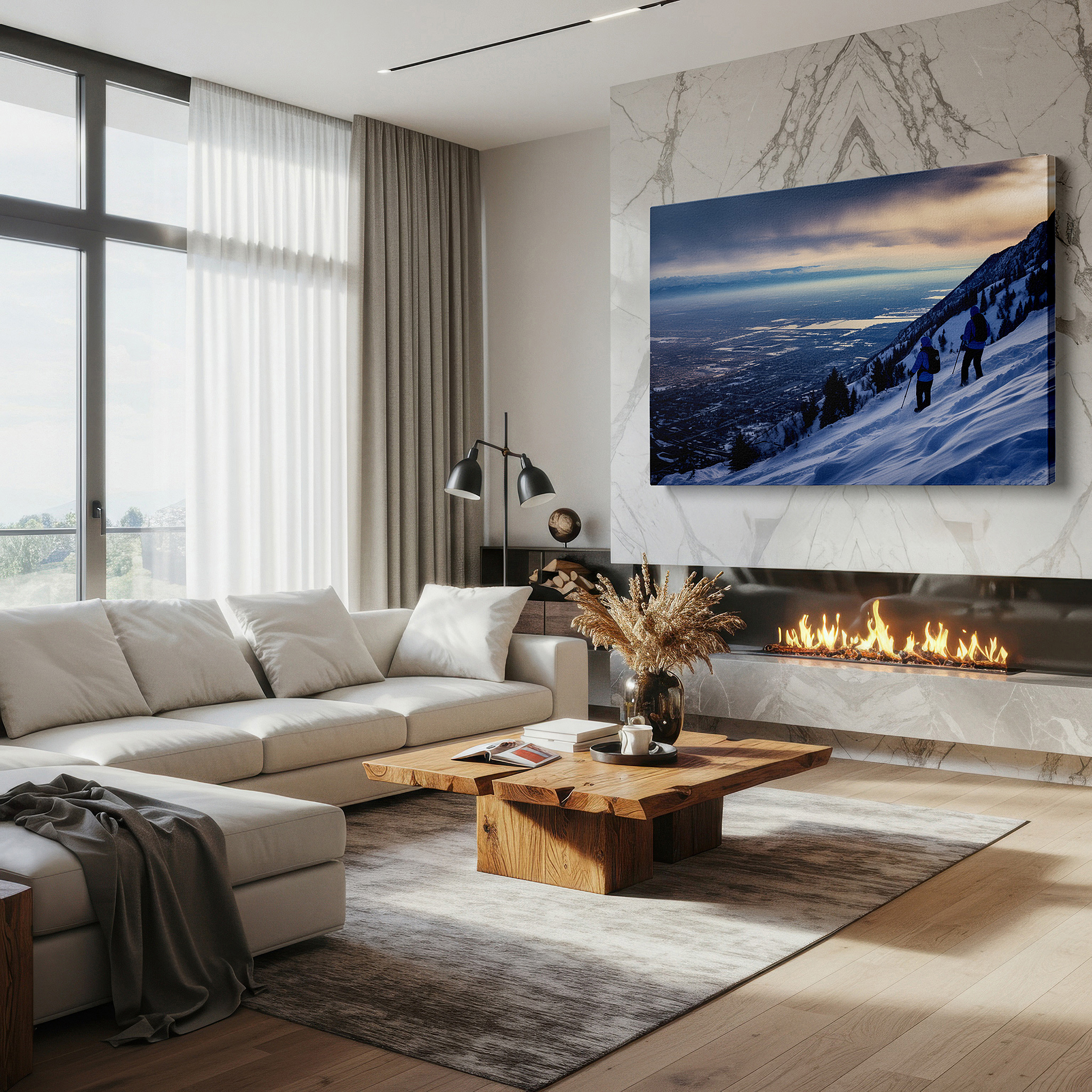 Available in 30×20 cm — a subtle addition to small personal spaces — sunset hikers in a snowy mountain landscape: a vivid adventure and nature's beauty - large canvas wall art for office decor