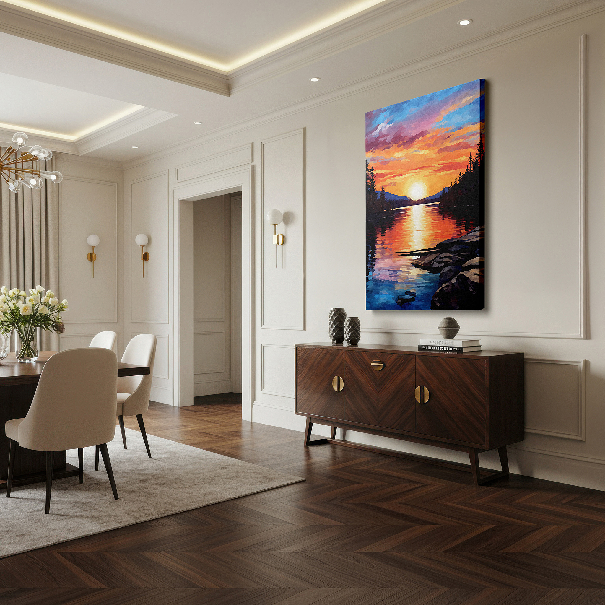 Available in 30×20 cm — a subtle addition to small personal spaces — sunset serenity over a tranquil river: a vivid display of nature's palette - large canvas wall art for office and bedroom decor