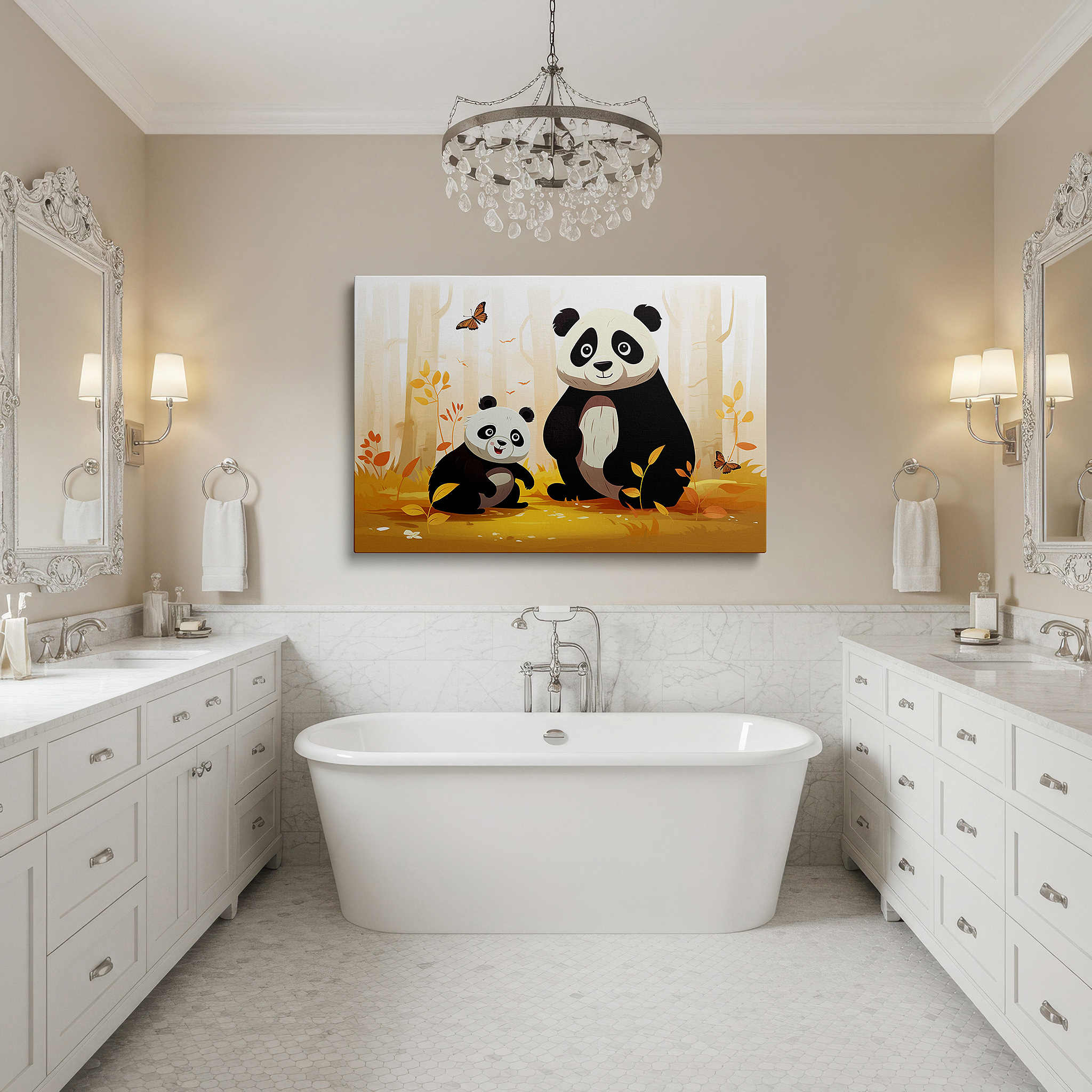 Available in 30×20 cm — a subtle addition to small personal spaces — tender panda family embrace in vibrant autumn forest large canvas wall art for office, bedroom, and living room decor