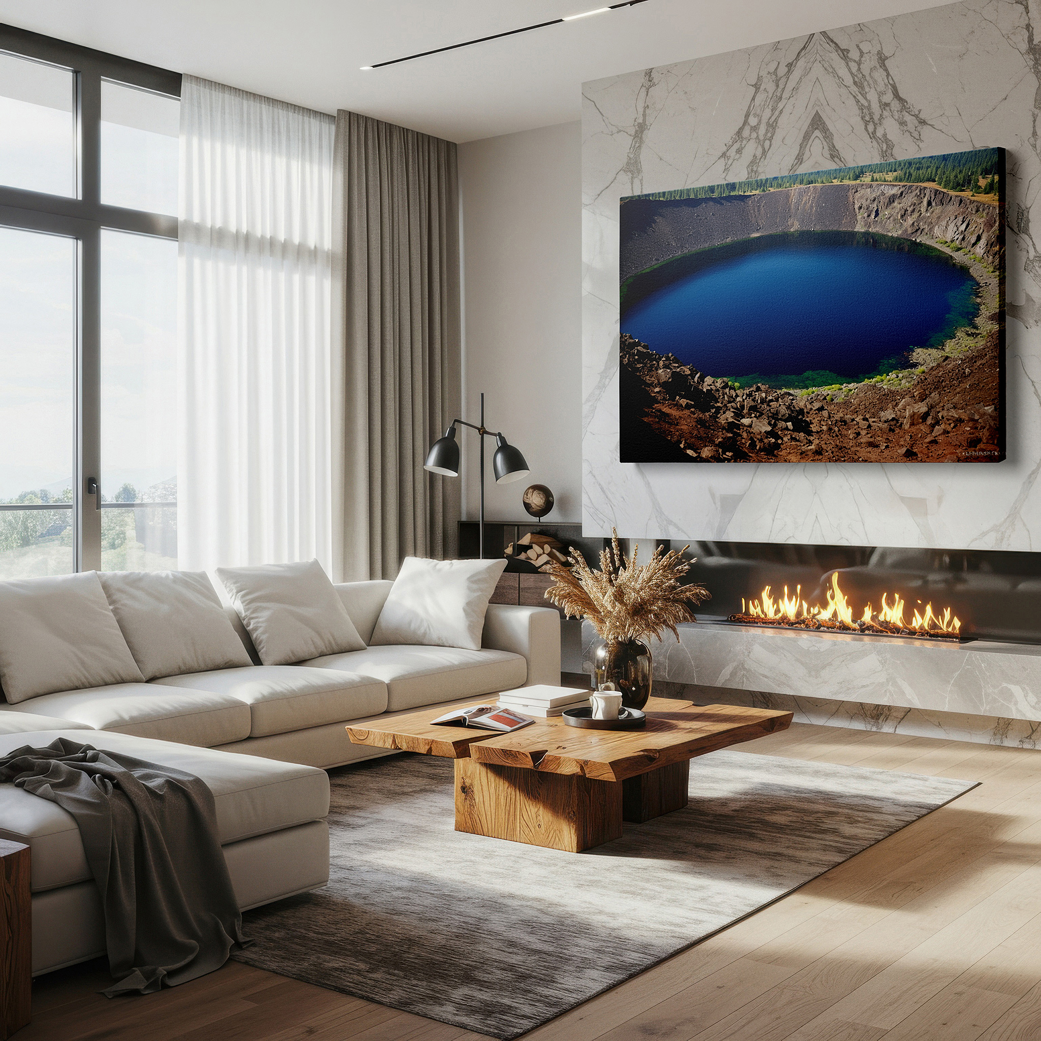 Available in 30×20 cm — a subtle addition to small personal spaces — tranquil crater lake surrounded by lush greenery and rugged cliffs large wall art, canvas wall art, wall decor for office, bedroom, and living room