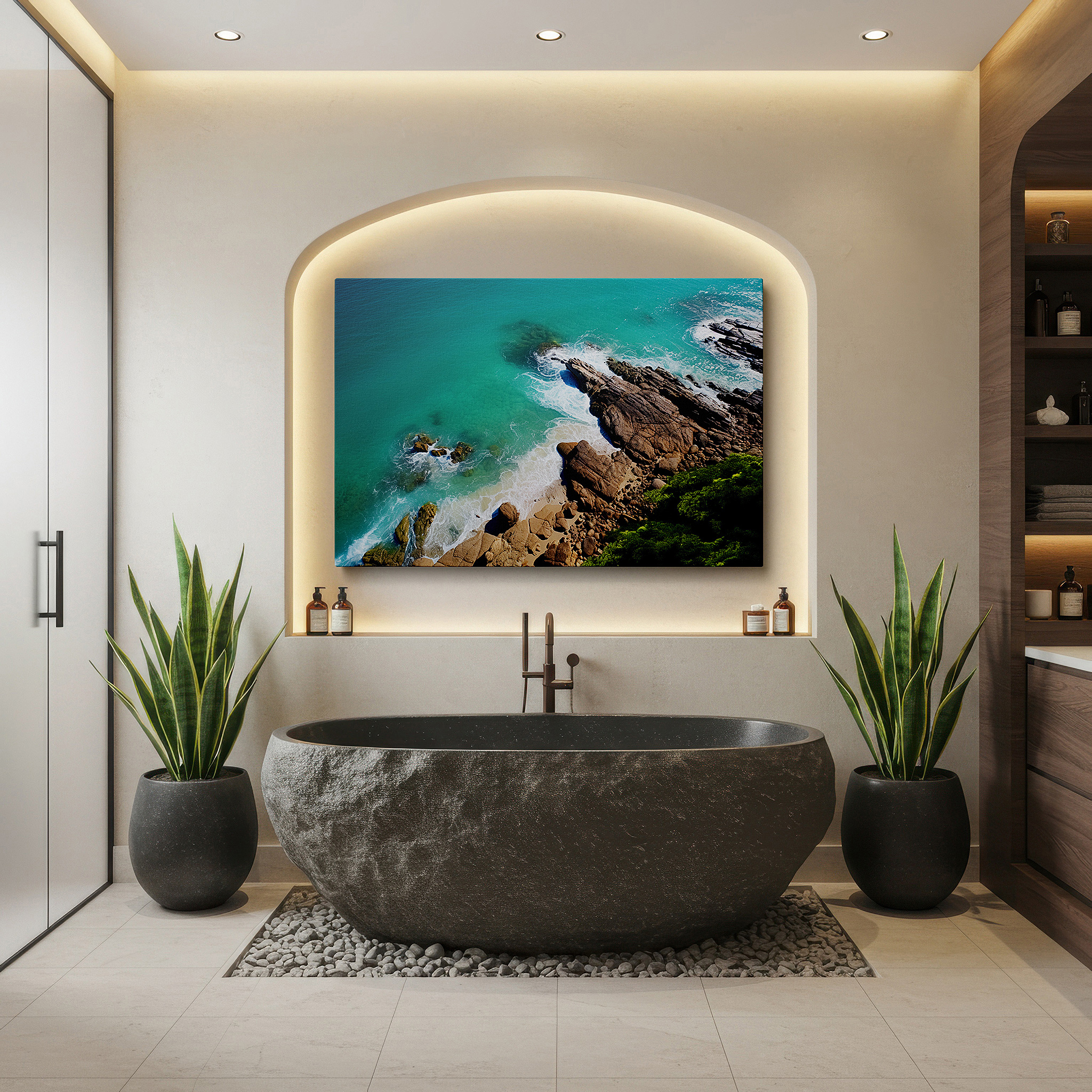 Available in 30×20 cm — a subtle addition to small personal spaces — tranquil nature's symphony: turquoise waters and rocky shores large wall art, canvas decor for office, bedroom, and living spaces