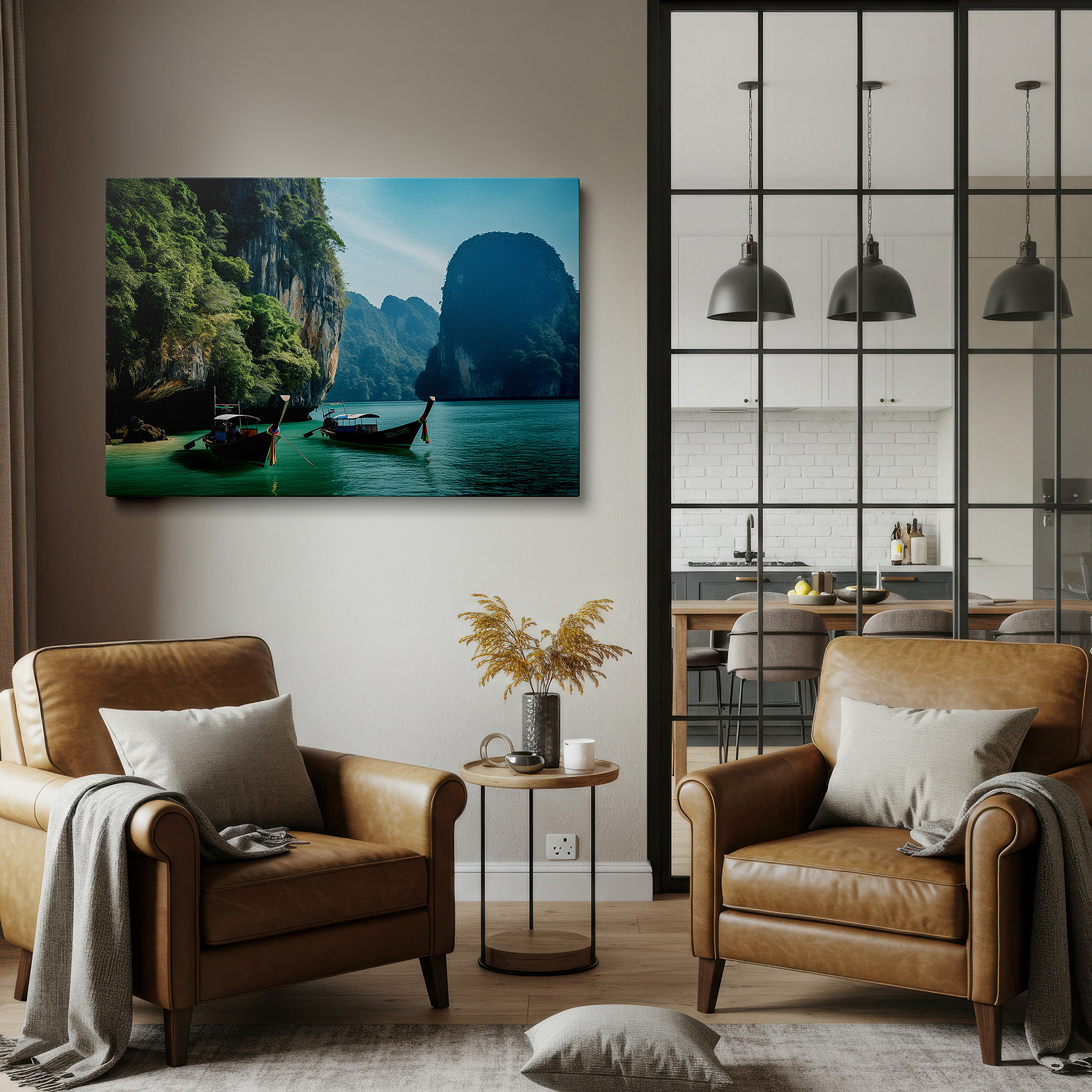 Available in 30×20 cm — a subtle addition to small personal spaces — tropical paradise scene with boats on turquoise waters and green hills large wall art, canvas wall art, wall decor for office