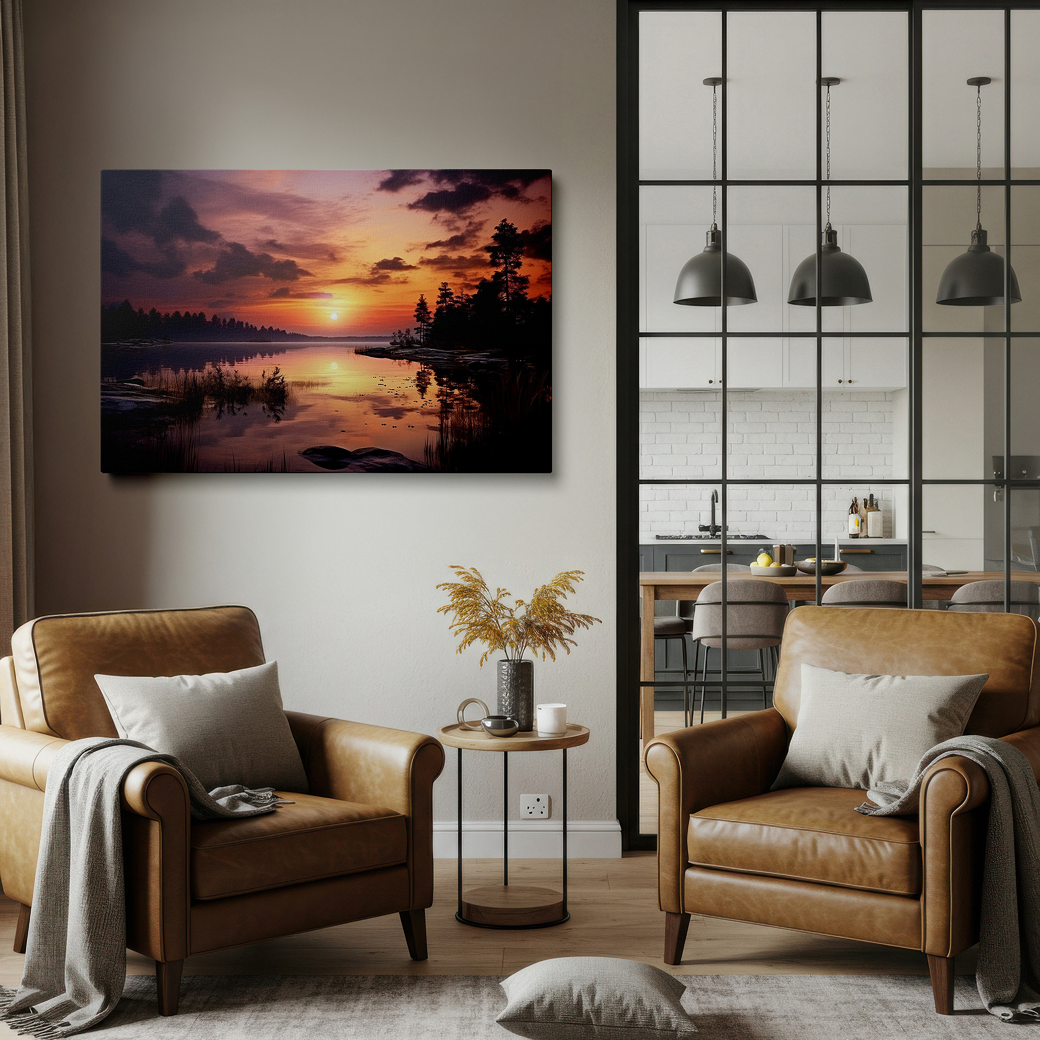 Available in 30×20 cm — a subtle addition to small personal spaces — twilight serenity: large canvas wall art featuring lake reflections and silhouetted trees for office, bedroom, and living room decor