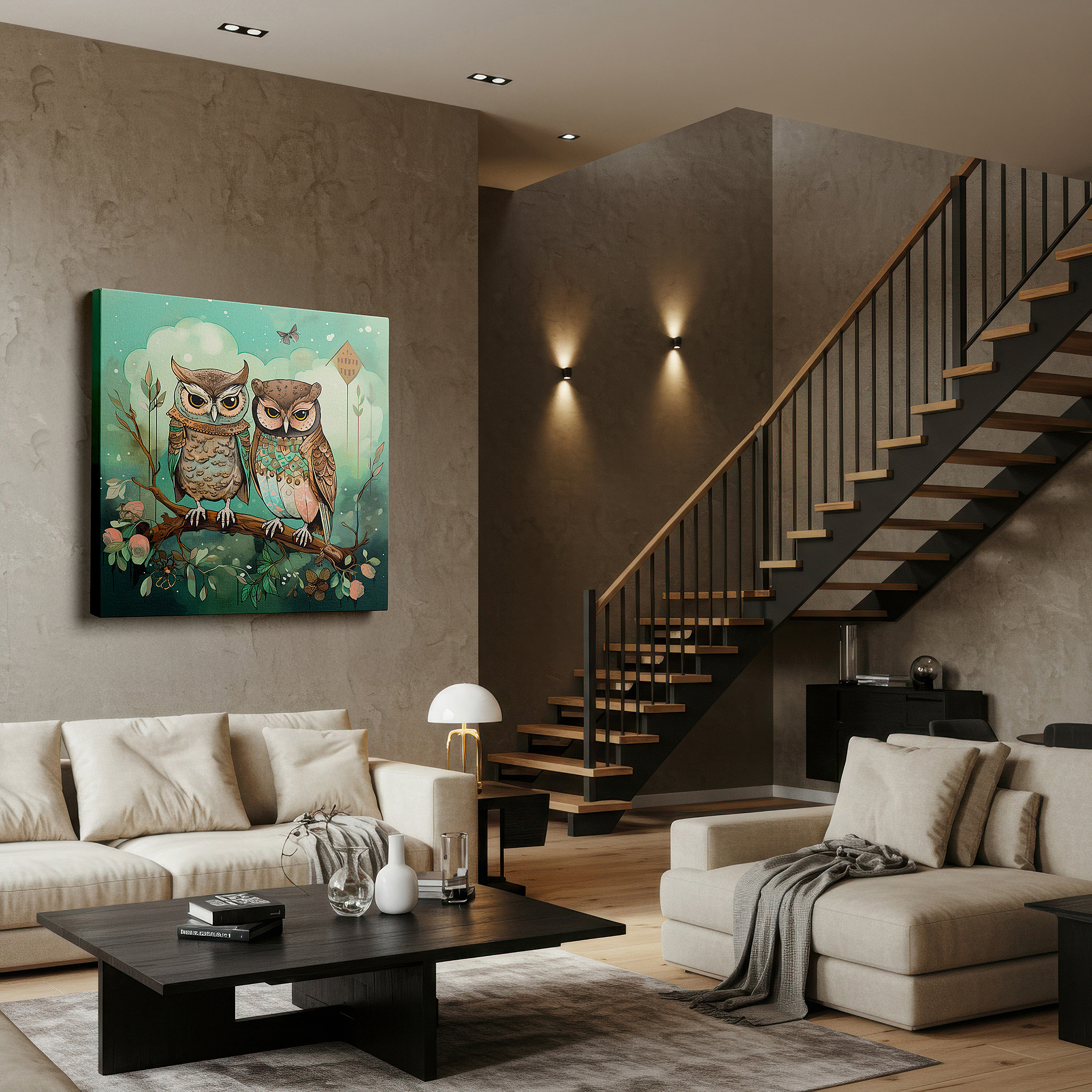 Available in 30×20 cm — a subtle addition to small personal spaces — twin owls on a twisted branch wall art: a warm and wise tapestry in the glow of dusk - large canvas wall art for home and office decor