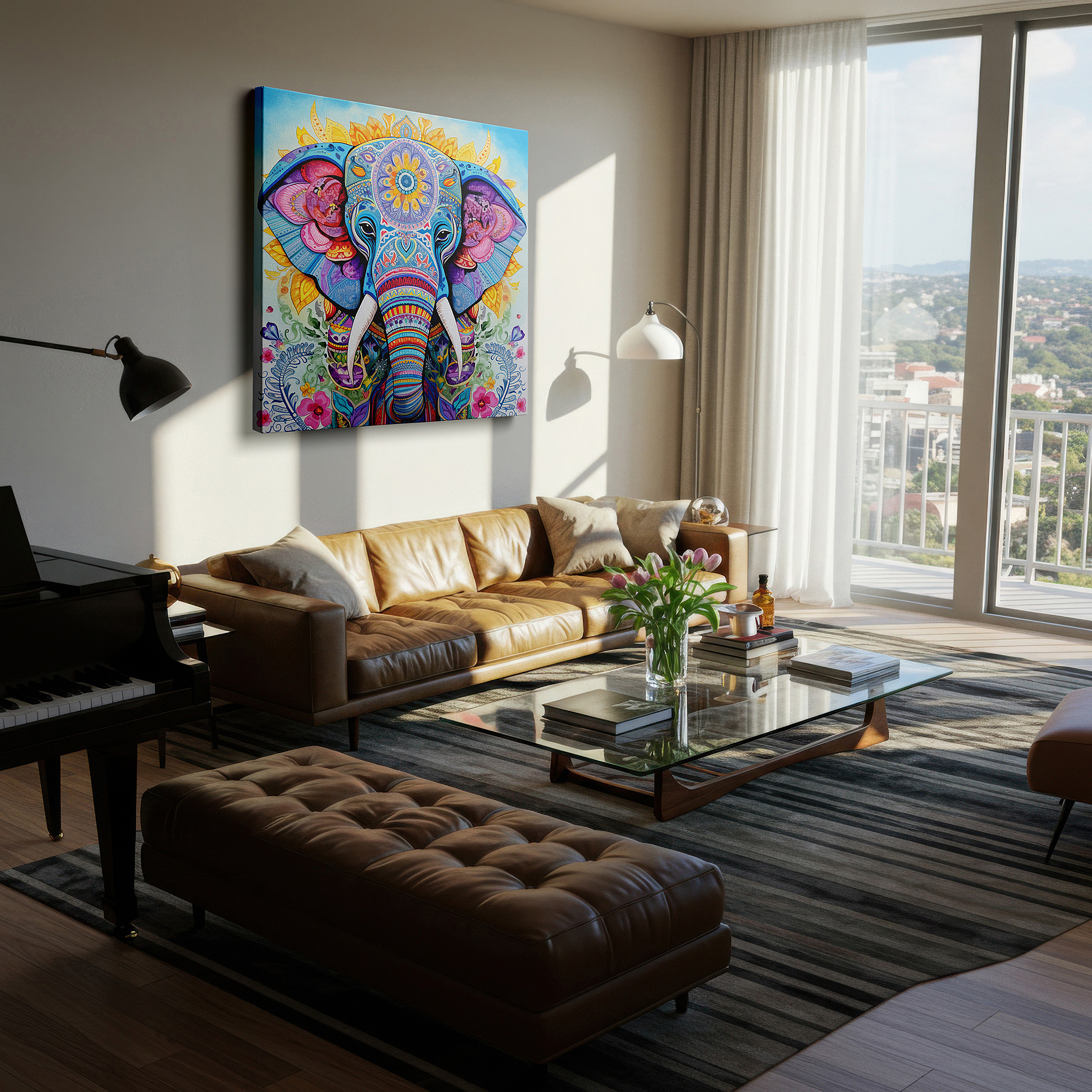 Available in 30×20 cm — a subtle addition to small personal spaces — vibrant elephant canvas featuring floral joy and artistic celebration: large wall art for office and bedroom decor
