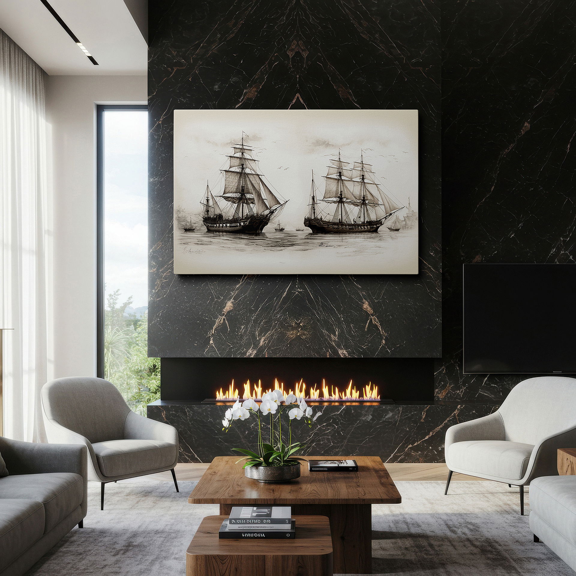 Available in 30×20 cm — a subtle addition to small personal spaces — vintage sailing ships on tranquil waters under pastel skies wall art, large canvas decor for office and bedroom