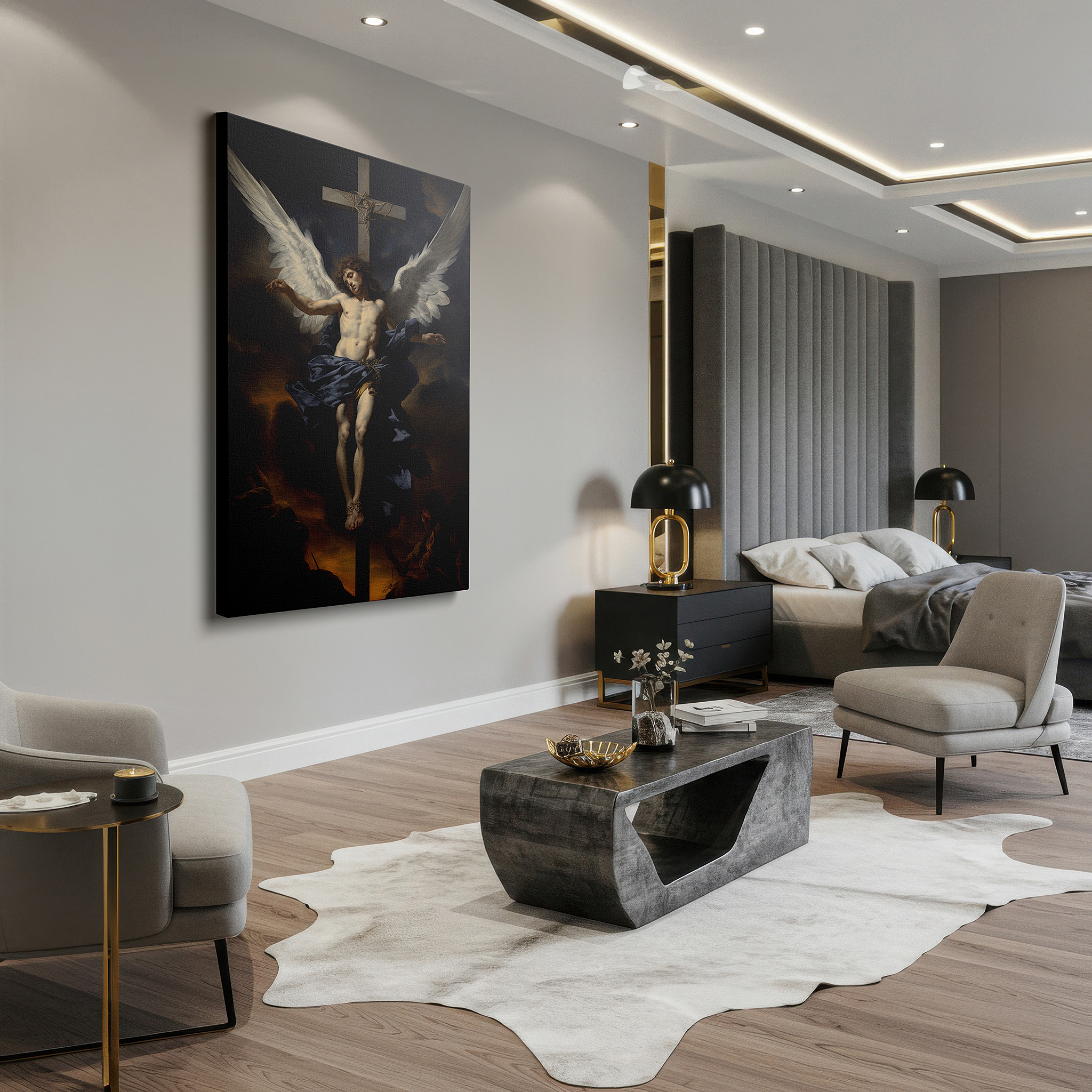 Available in 30×20 cm — a subtle addition to small personal spaces — wall art: "angelic sacrifice amidst stormy skies" - a divine interplay of light and darkness. large canvas wall art for office and bedroom decor