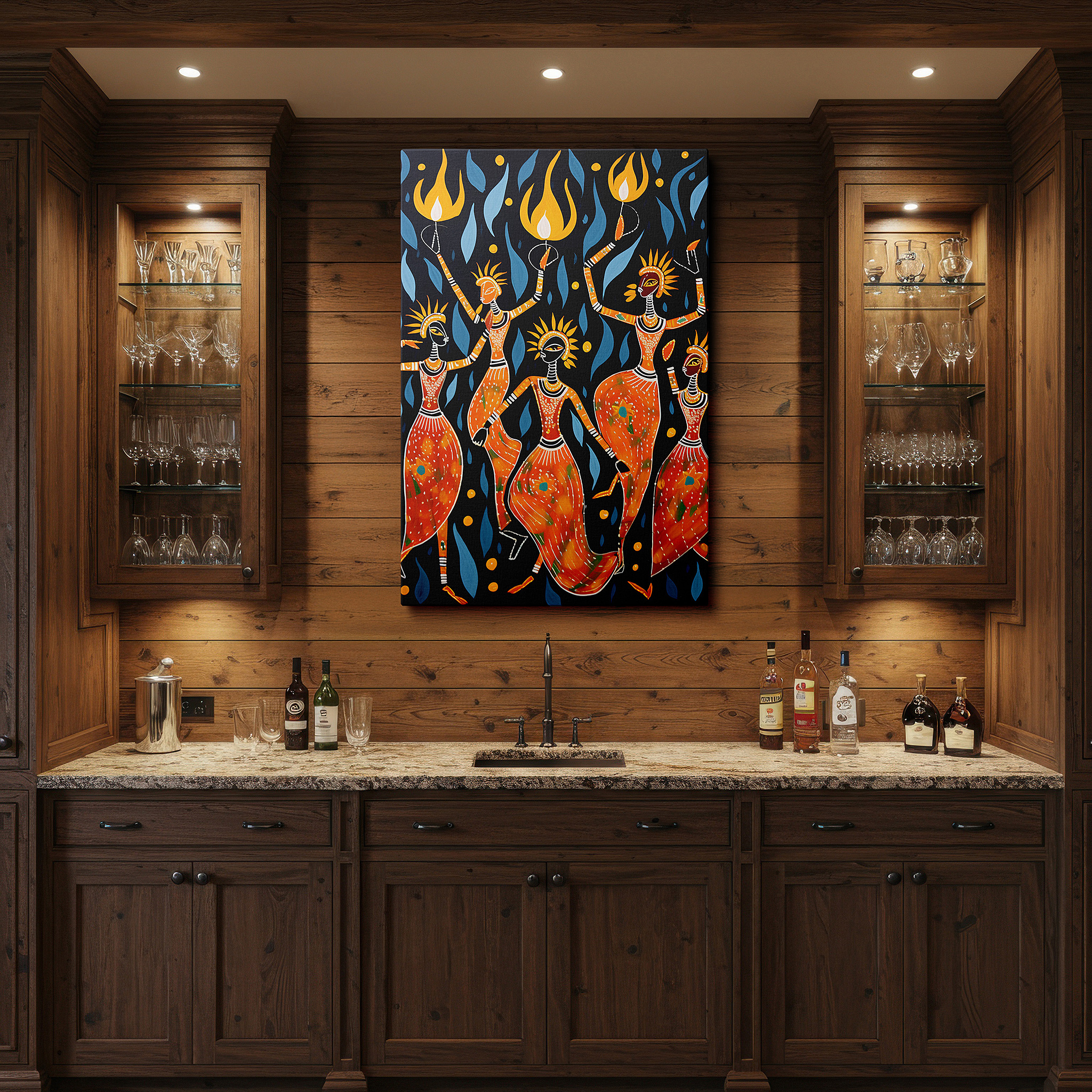 Available in 30×20 cm — a subtle addition to small personal spaces — wall art: embracing unity and joy with cultural dance and vivid flames - large canvas art for home and office decor