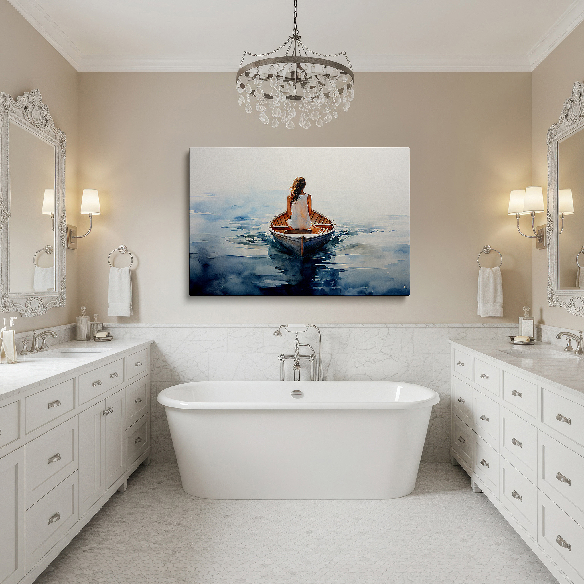 Available in 30×20 cm — a subtle addition to small personal spaces — wall art: experience serene tranquility with a rustic boat at dawn - embrace peaceful nature and reflection. ideal for home or office decor, available as large canvas wall art.