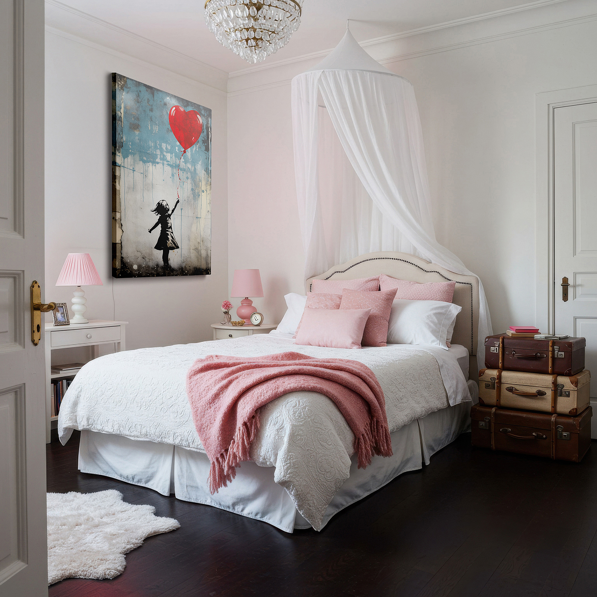 Available in 30×20 cm — a subtle addition to small personal spaces — wall art: "girl with the heart-shaped balloon" - emblem of hope and dreams amidst urban life. large canvas art for home and office decor, perfect for living room and bedroom