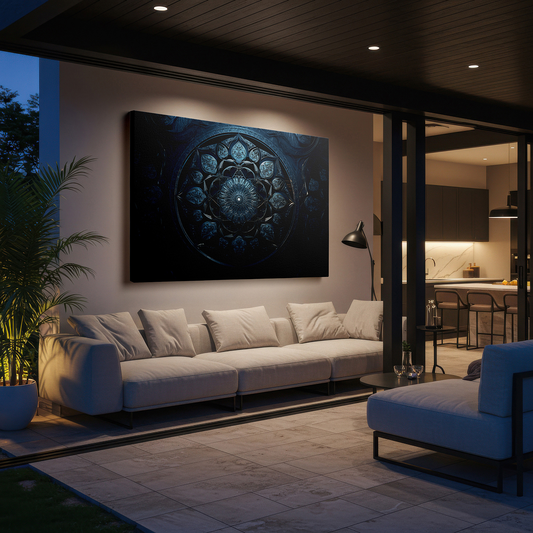 Available in 30×20 cm — a subtle addition to small personal spaces — wall art: large deep blue mandala featuring floral motifs, symbolizing infinity and the eternal cycle of life - canvas wall art for office decor