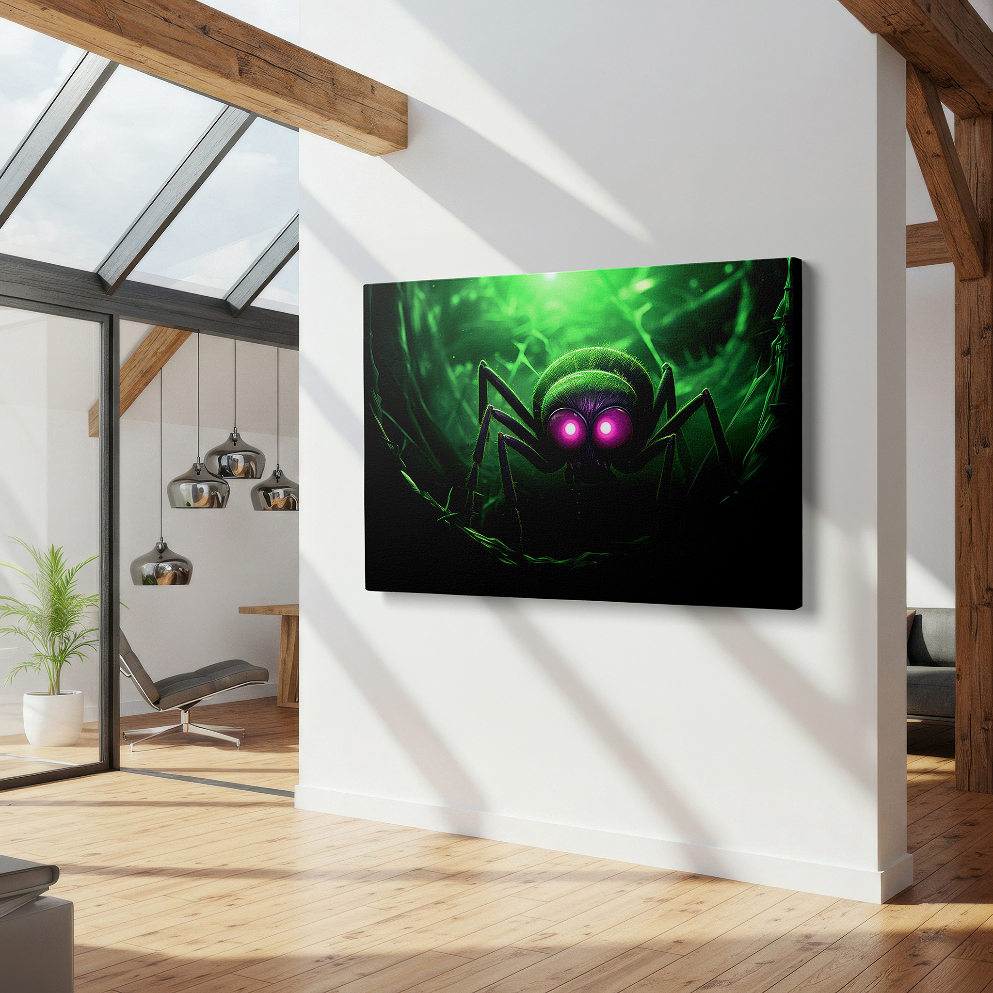 Available in 30×20 cm — a subtle addition to small personal spaces — wall art: large hyper-realistic menacing spider with glowing eyes and shadowy ambiance - canvas wall art for office and bedroom decor