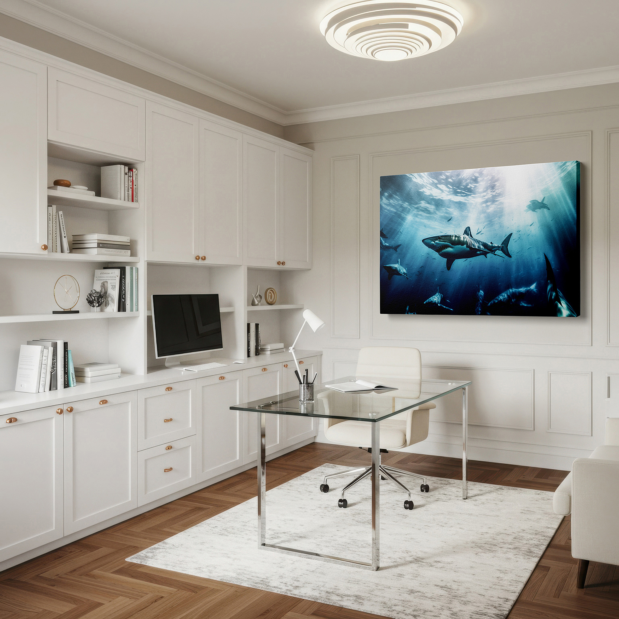 Available in 30×20 cm — a subtle addition to small personal spaces — wall art: serene underwater journey - majestic sharks and luminous seas. large canvas wall art for office and bedroom decor