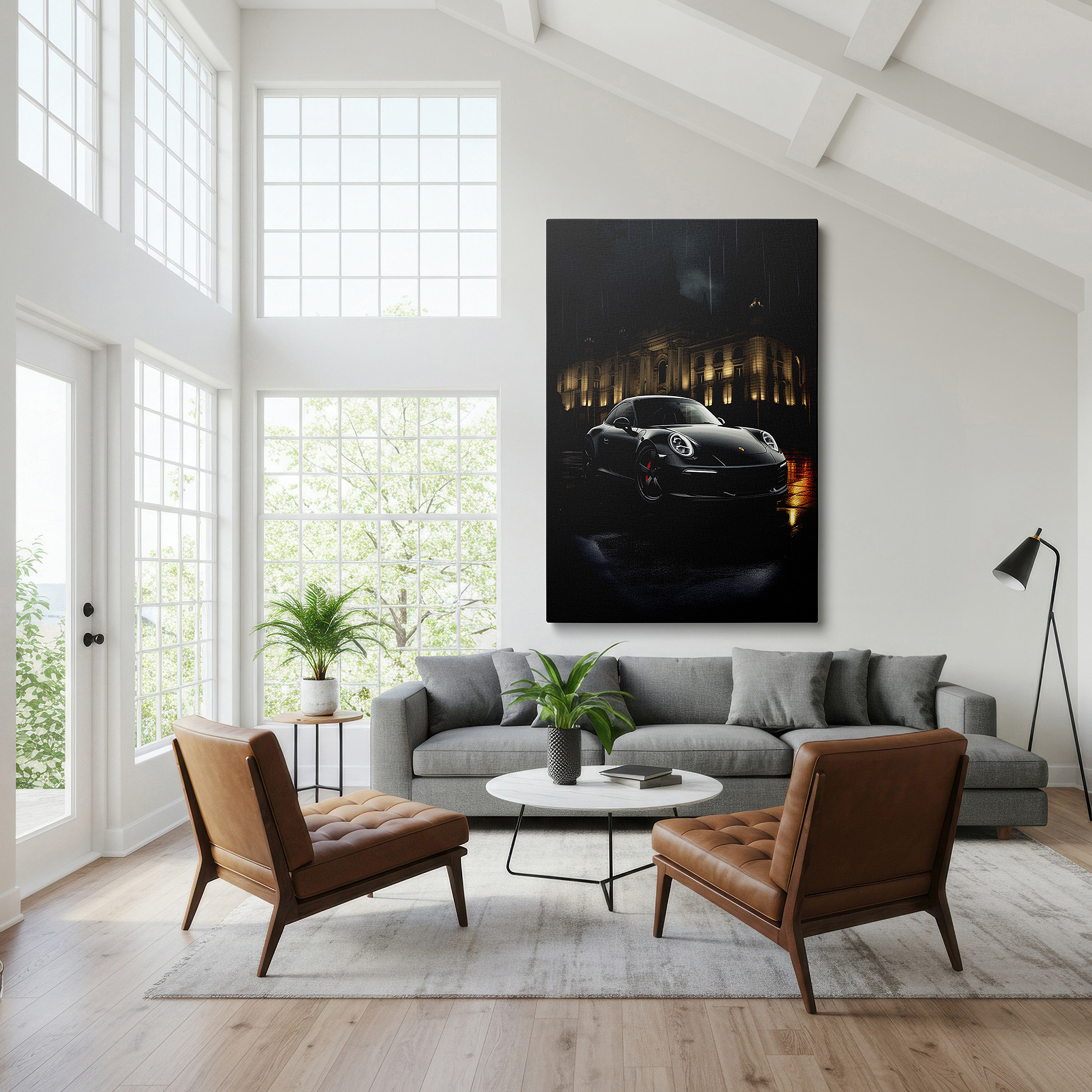 Available in 30×20 cm — a subtle addition to small personal spaces — wall art: stunning porsche 911 in rain with vibrant city lights and historical grandeur - large canvas wall art for office decor