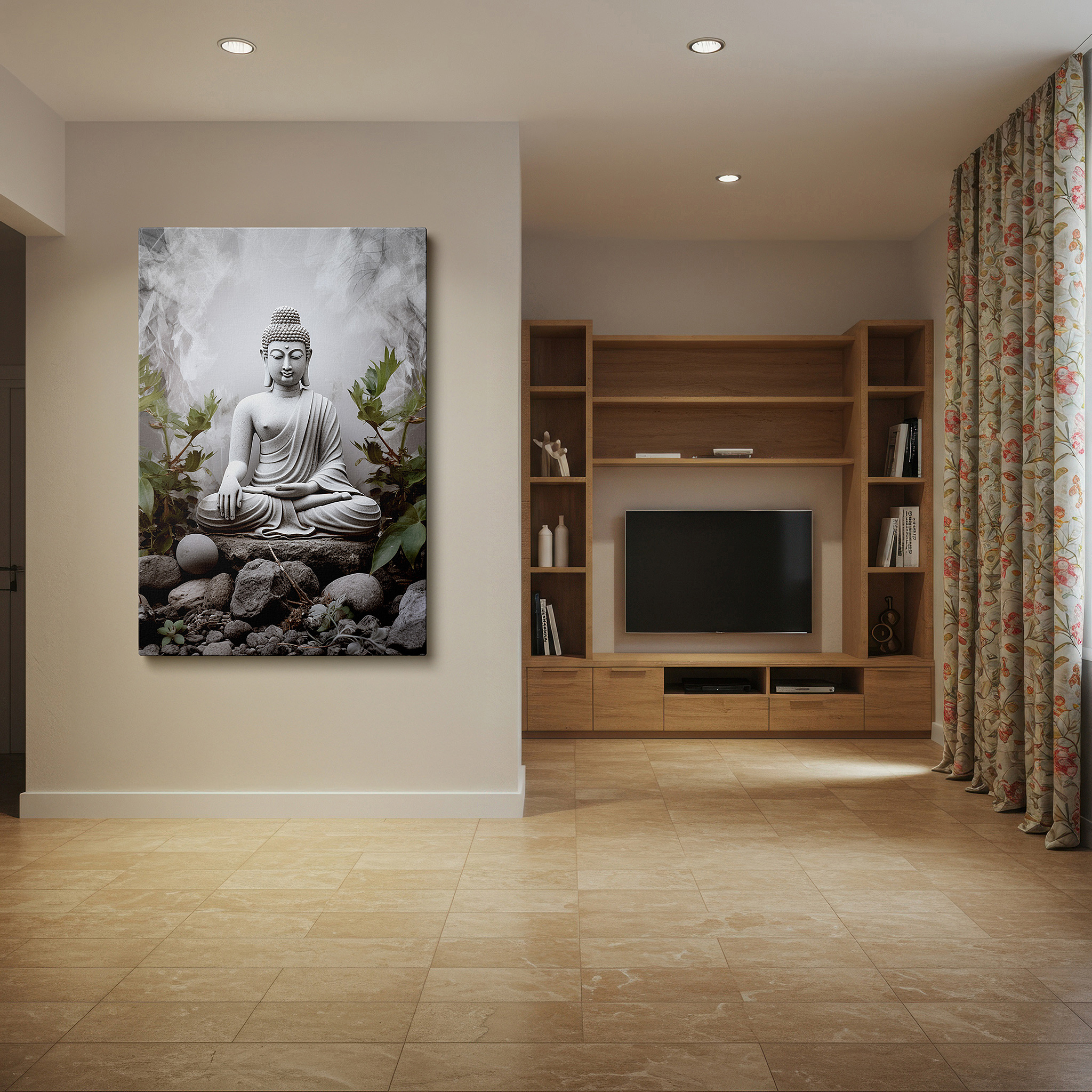 Available in 30×20 cm — a subtle addition to small personal spaces — wall art: tranquil buddha meditating among stones and greenery, ideal for reflective spaces - large canvas art for home or office decor