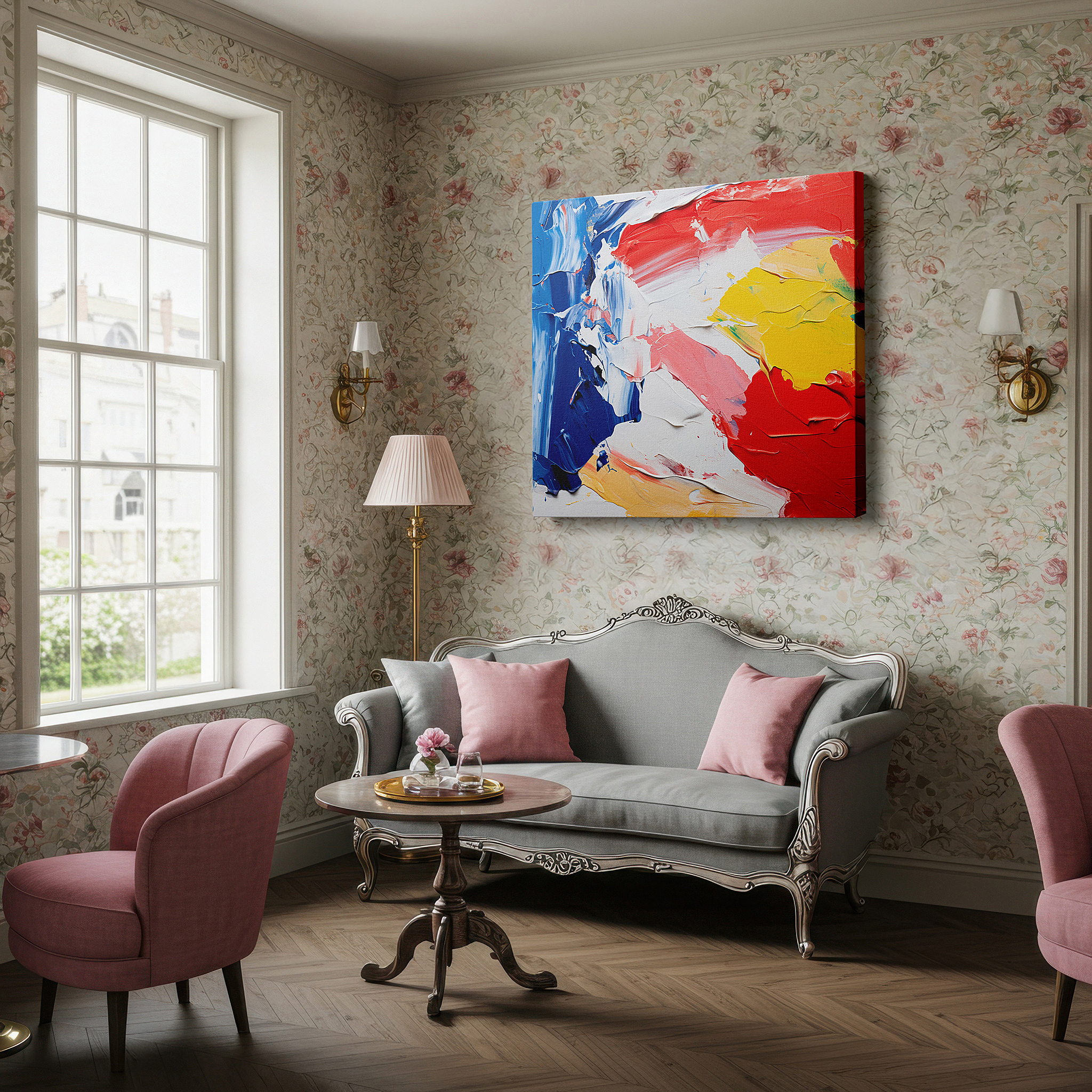 Available in 30×20 cm — a subtle addition to small personal spaces — wall art: a vivid emotional spectrum. bold, textured strokes of red, blue, yellow, and white sweep across the canvas. large wall art, canvas wall art, wall art decor.