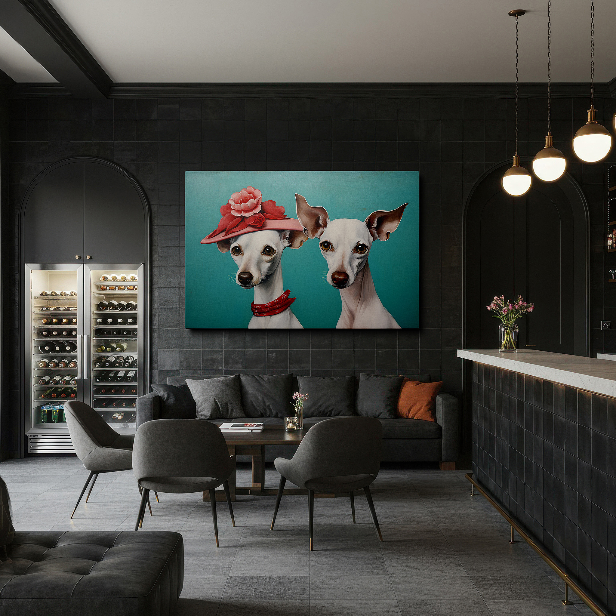 Available in 30×20 cm — a subtle addition to small personal spaces — whimsical whippets in stylish hats large wall art with turquoise backdrop, canvas wall decor for office, bedroom, and living room