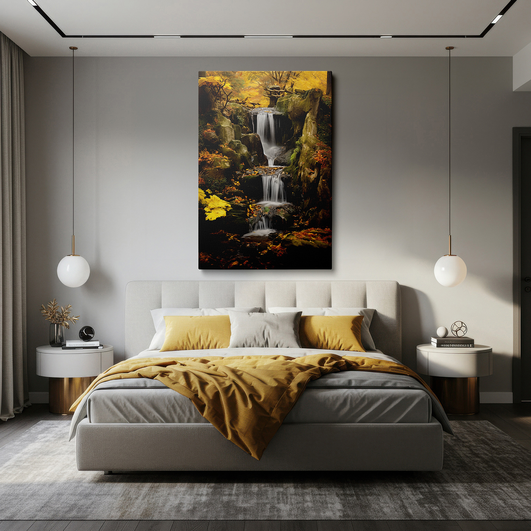 Back view reveals professional finishing and solid wood frame — autumn waterfall elegance wall art: experience the tranquil symphony of cascading waters and vibrant foliage - large canvas wall art for home and office decor