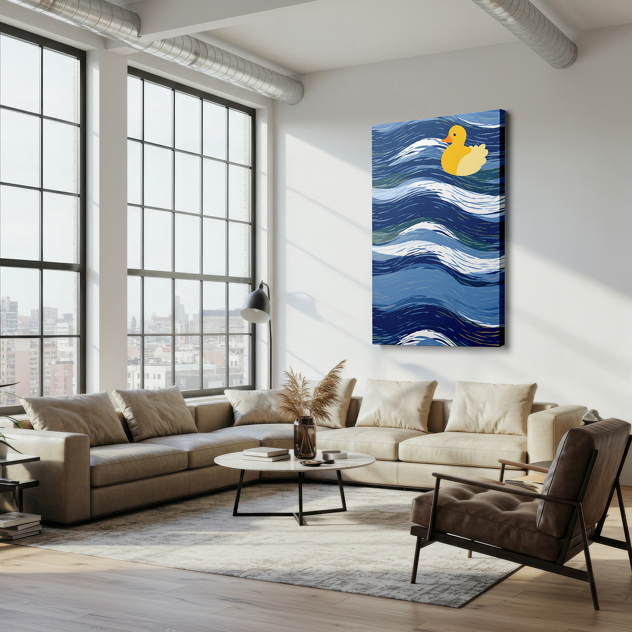Back view reveals professional finishing and solid wood frame — bright yellow duck sailing on calm blue waters, representing happiness and optimism, large wall art, canvas wall art, wall decor, office wall art