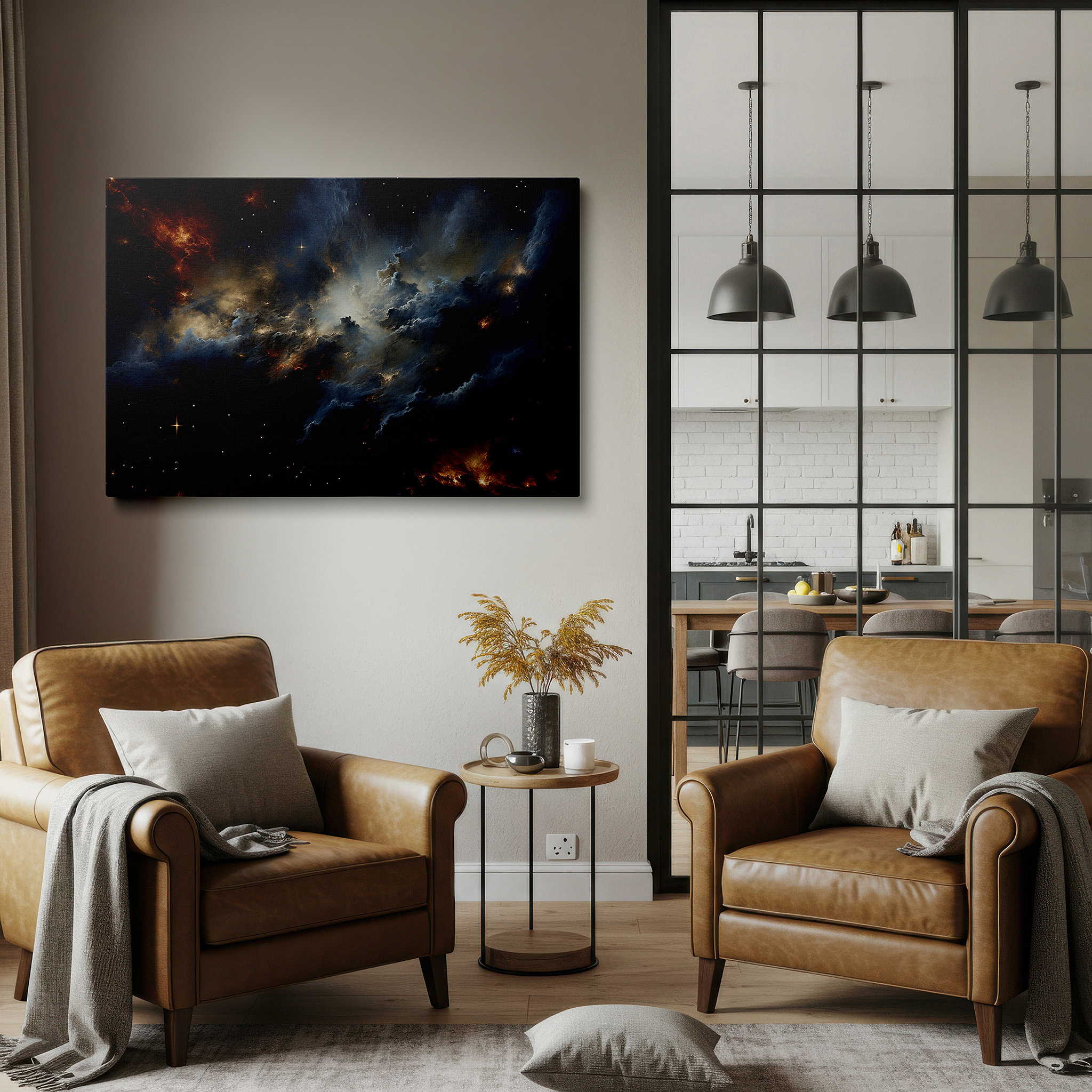 Back view reveals professional finishing and solid wood frame — cosmic nebula wall art: a fiery journey into celestial birth - large canvas art for home and office decor