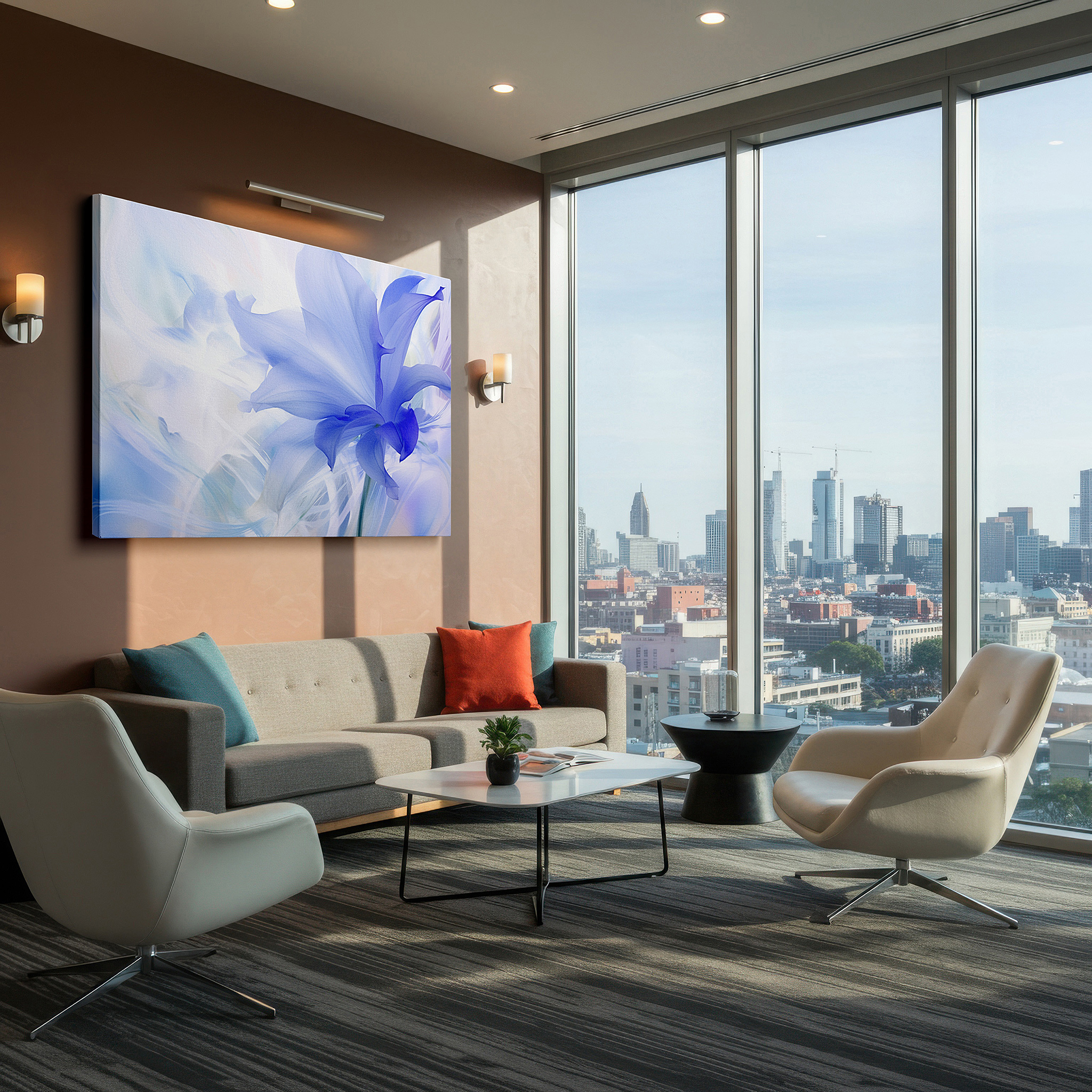 Back view reveals professional finishing and solid wood frame — dreamy solitary blue flower opening petals large wall art, canvas decor for office and bedroom