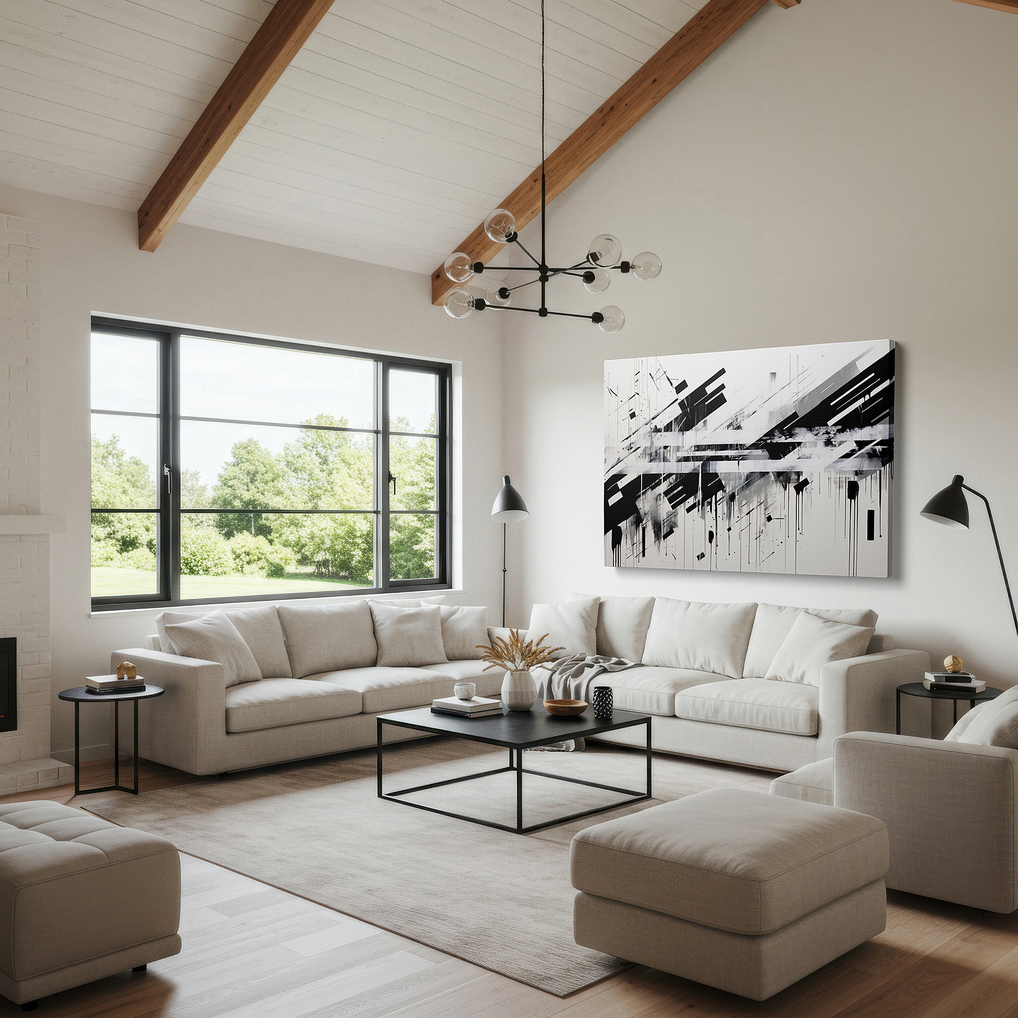 Back view reveals professional finishing and solid wood frame — dynamic interplay of black and white in abstract expression: large wall art for offices, bedrooms, and living spaces