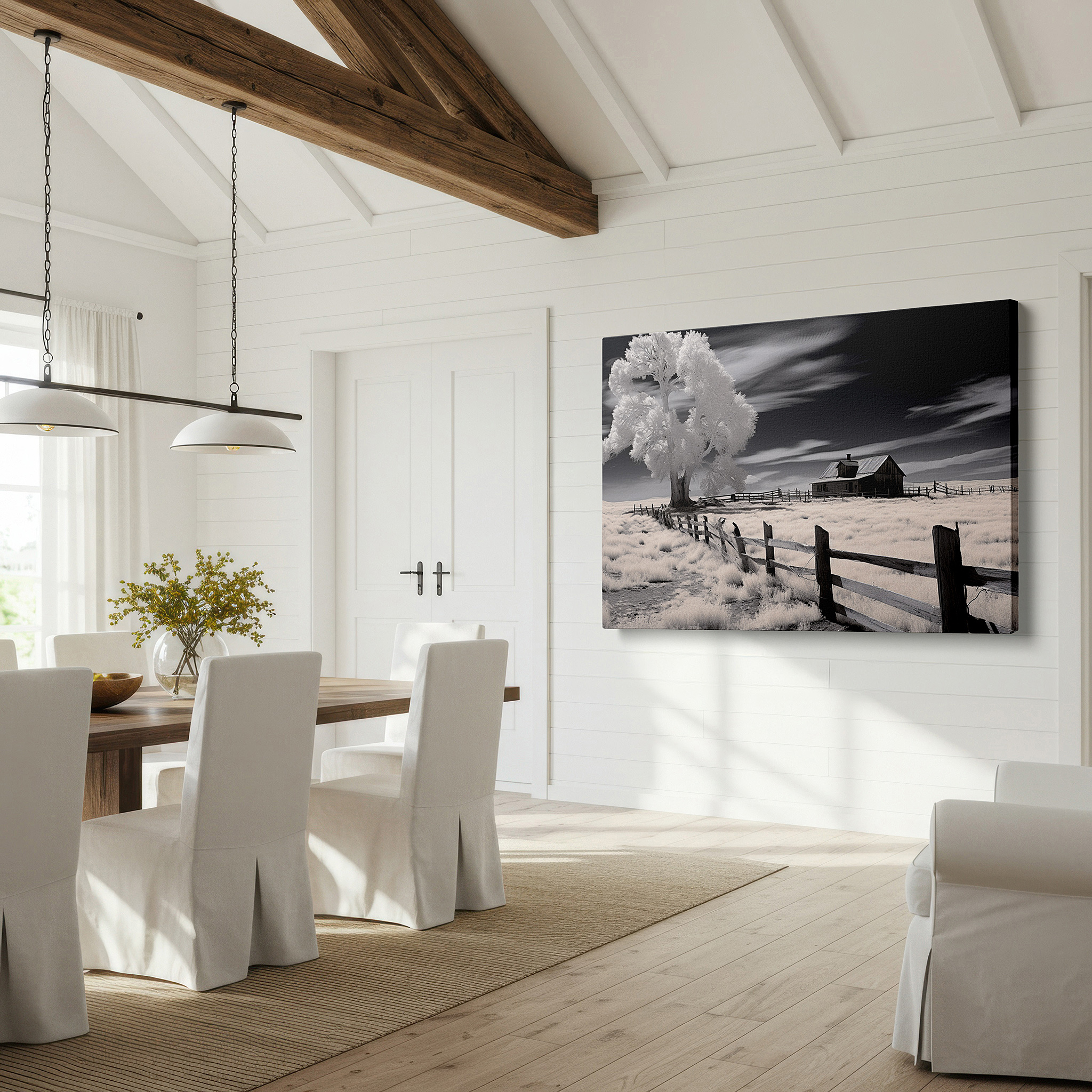 Back view reveals professional finishing and solid wood frame — elegant and mysterious black and white scene - abandoned house with ghostly tree in stark landscape, large wall art, canvas print, home and office decor
