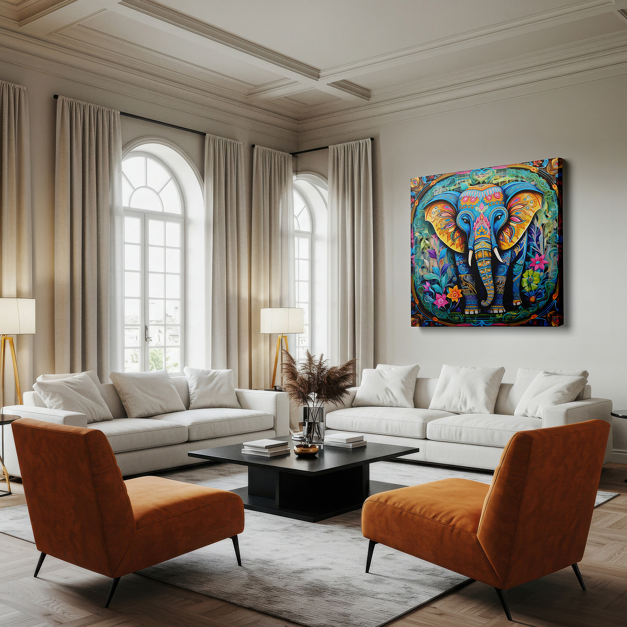 Back view reveals professional finishing and solid wood frame — elephant of wisdom and strength wall art: vibrant cultural and artistic celebration, ideal for office and bedroom decor, available in large canvas sizes
