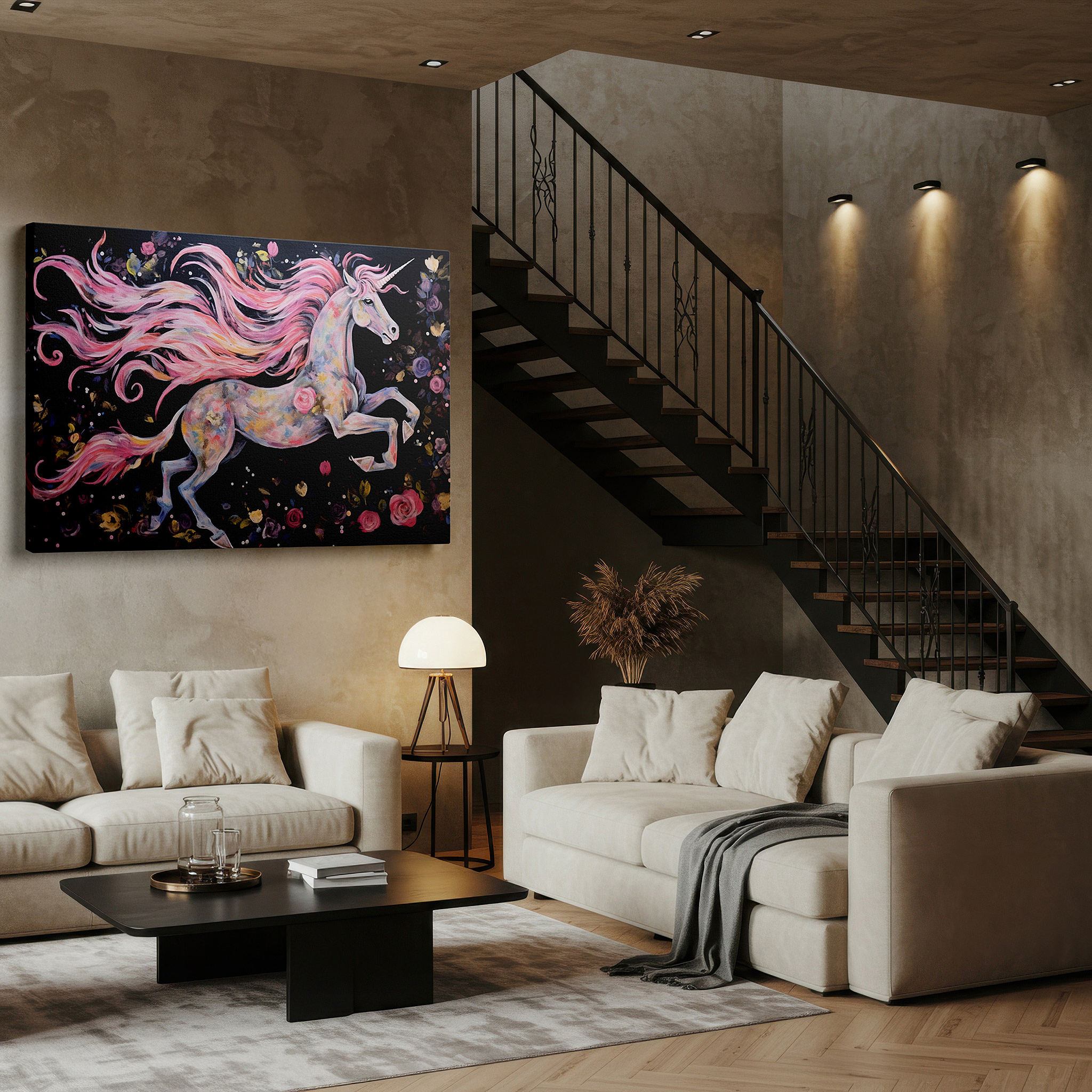 Back view reveals professional finishing and solid wood frame — enchanted unicorn in a flower-filled fantasy world: elegant and magical large wall art for office and bedroom decor