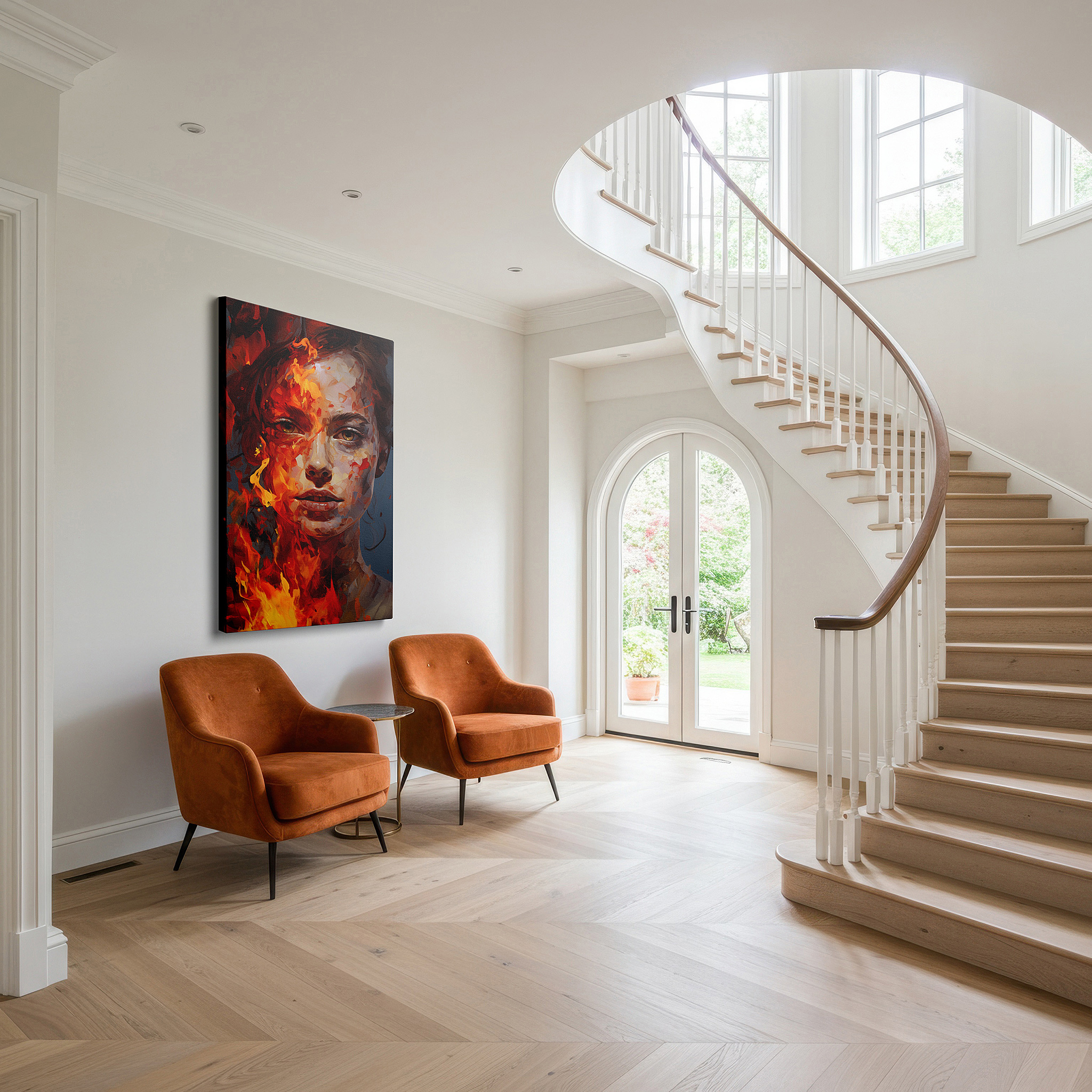Back view reveals professional finishing and solid wood frame — flames of passion and resilience in a woman's intense gaze: large wall art, canvas wall art, wall decor for office, bedroom, and living room