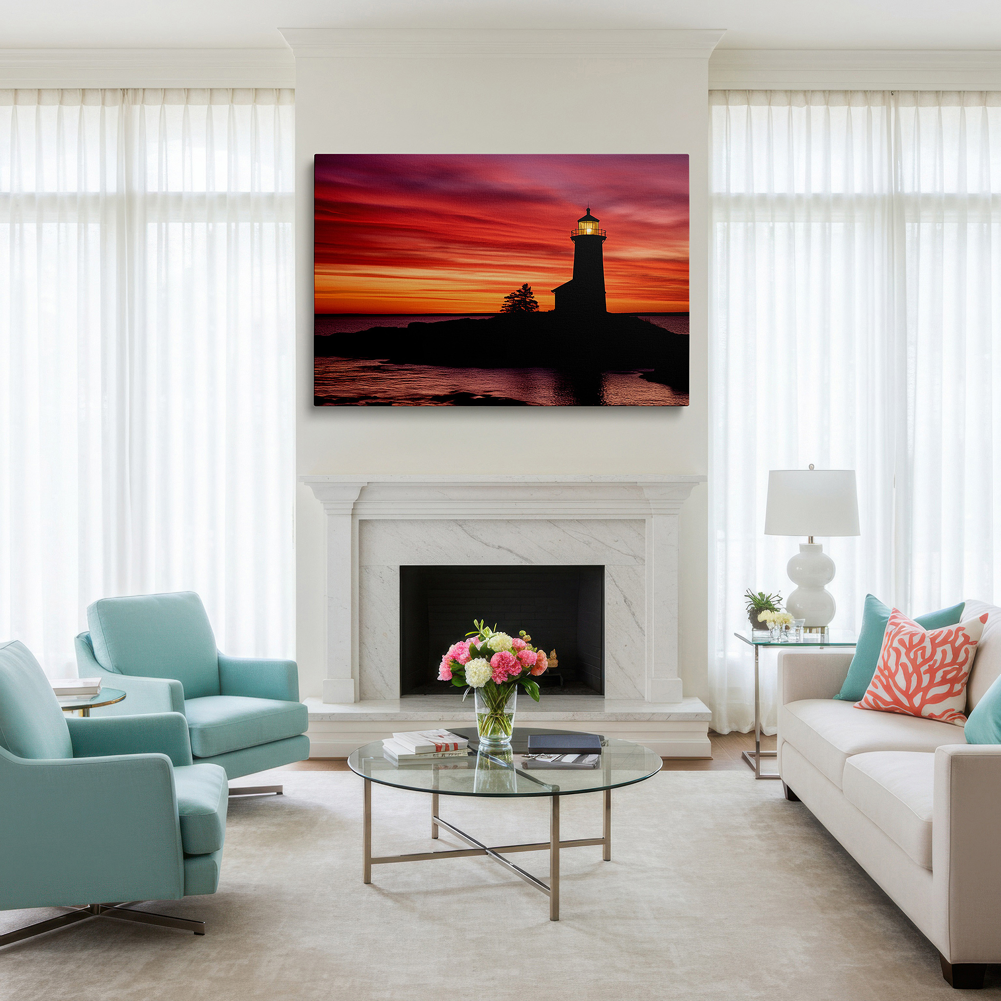 Back view reveals professional finishing and solid wood frame — lighthouse beacon at sunset: a symbol of guidance and safety - large canvas wall art for office and bedroom decor