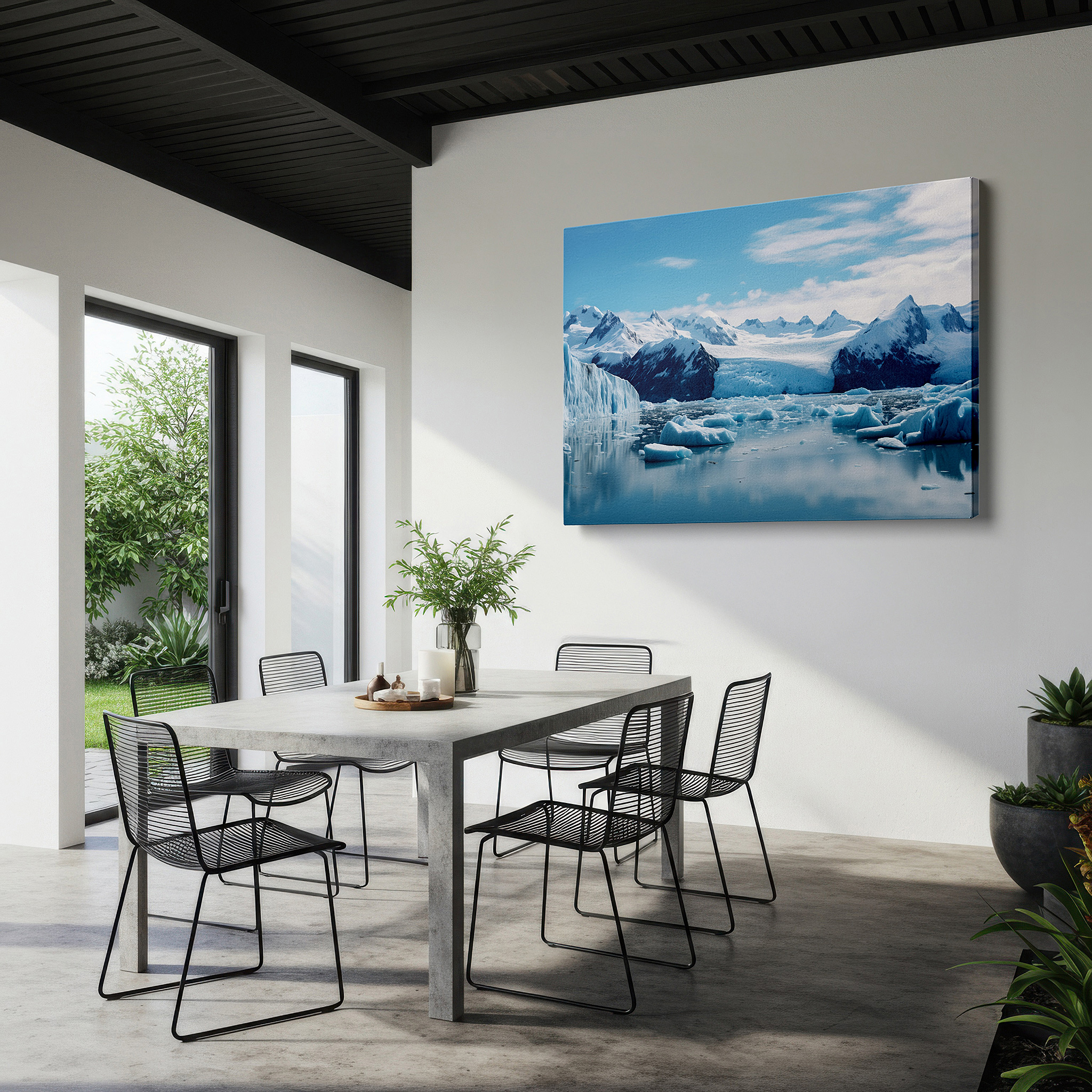 Back view reveals professional finishing and solid wood frame — majestic icebergs and towering mountains in a serene icy wilderness: large canvas wall art for office and bedroom decor