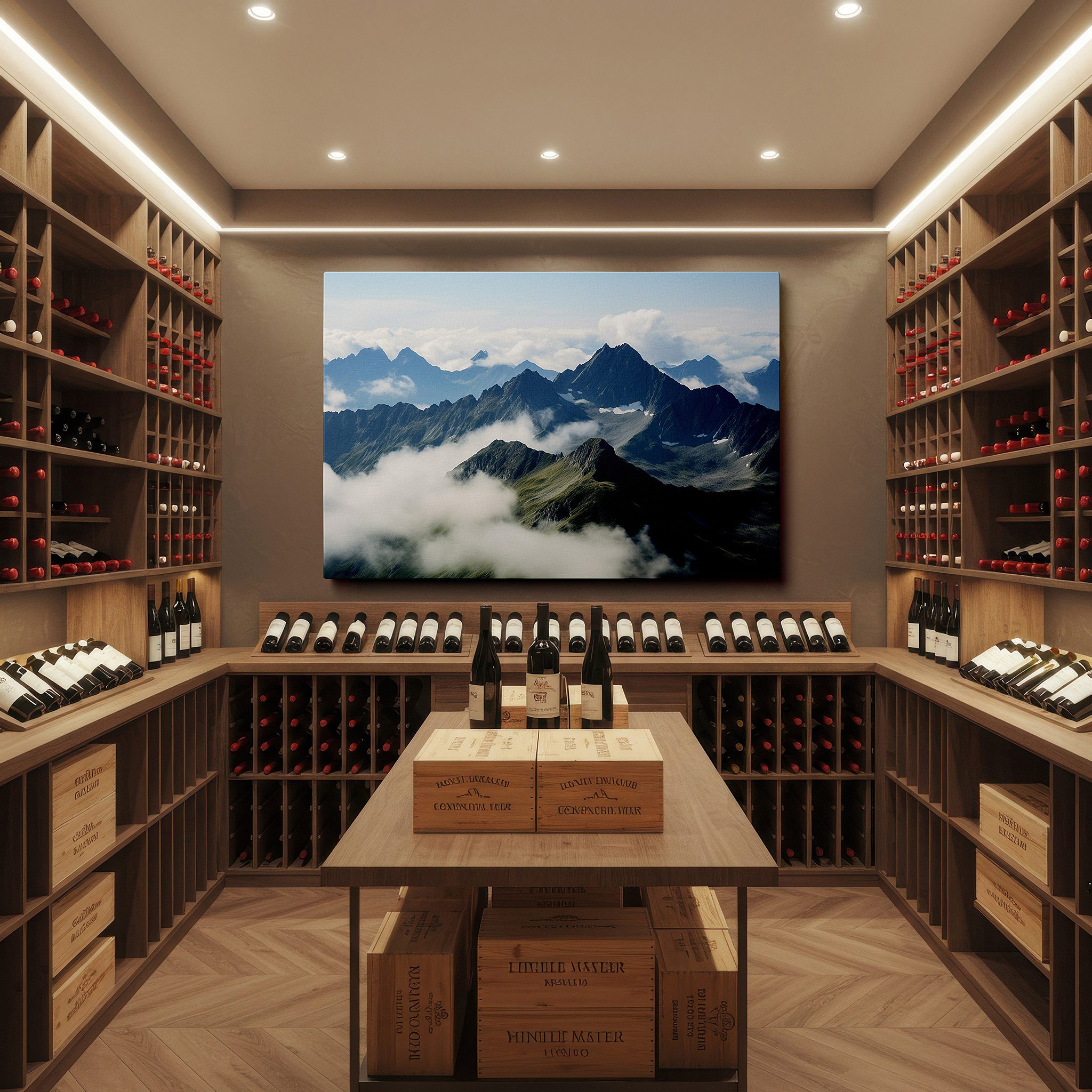 Back view reveals professional finishing and solid wood frame — majestic mountain peaks ascending beyond the clouds, panoramic landscape large canvas wall art for office and bedroom decor