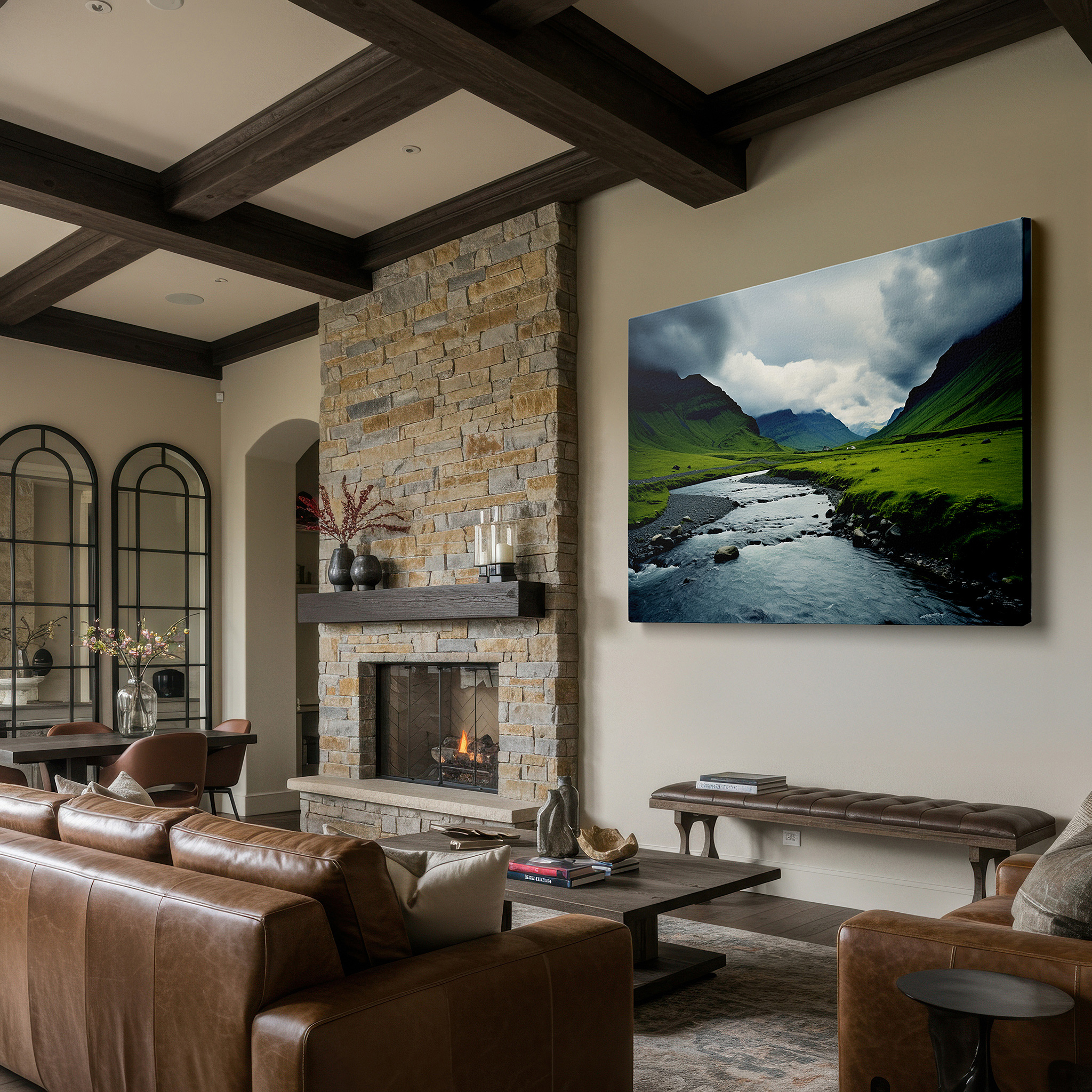 Back view reveals professional finishing and solid wood frame — majestic river winding through rugged mountains beneath ominous clouds - a dramatic and beautiful natural masterpiece large wall art, canvas wall art, wall decor