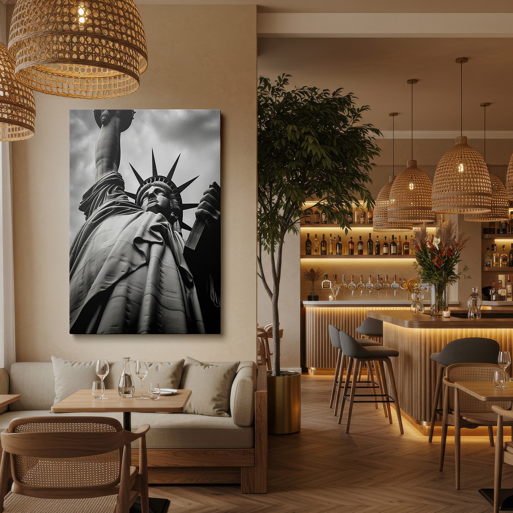 Back view reveals professional finishing and solid wood frame — monochrome statue of liberty canvas, symbolizing freedom under a dramatic sky, ideal for office or bedroom wall decor