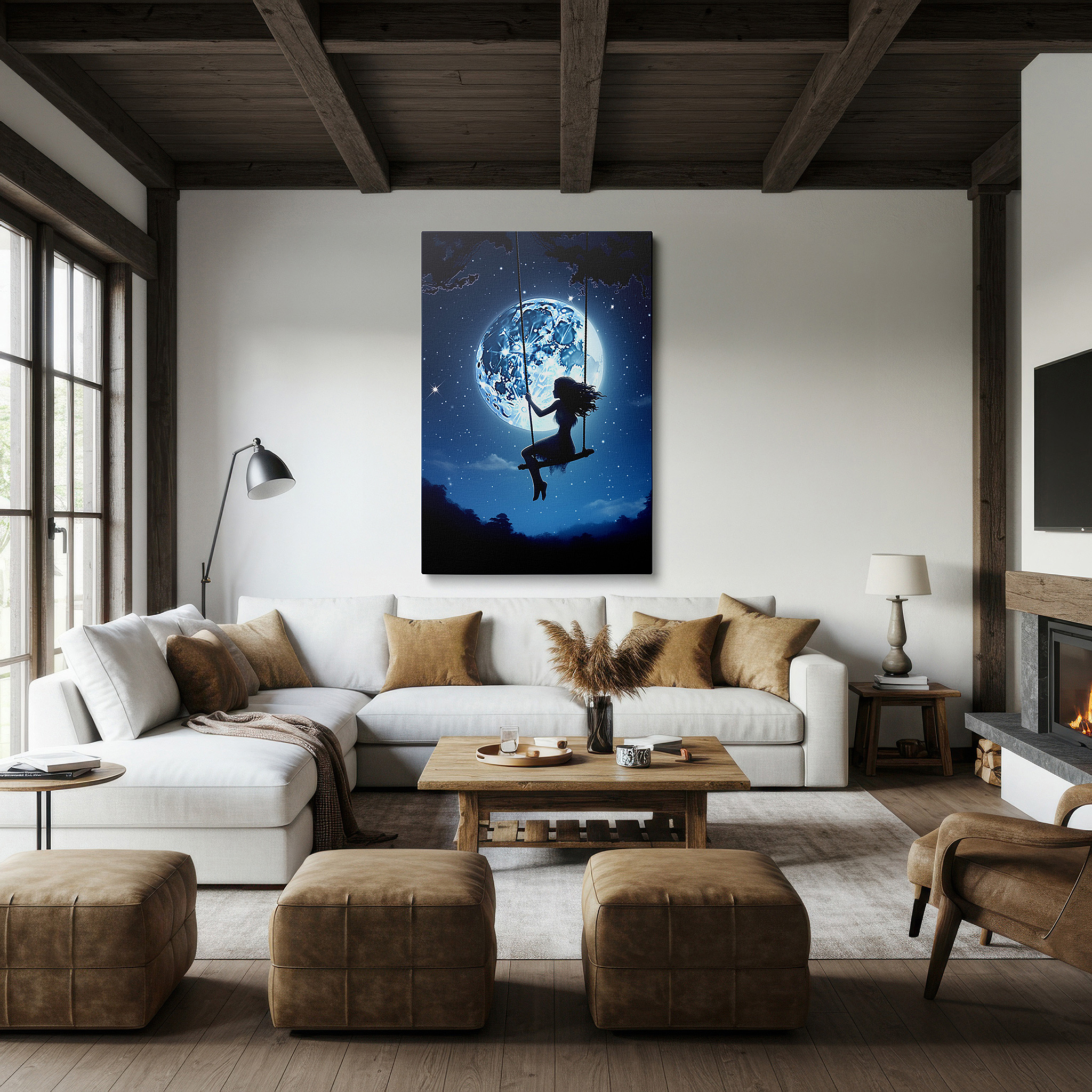 Back view reveals professional finishing and solid wood frame — moonlit swing wall art: a celestial dance of childhood joy and cosmic tranquility - large canvas for home and office decor