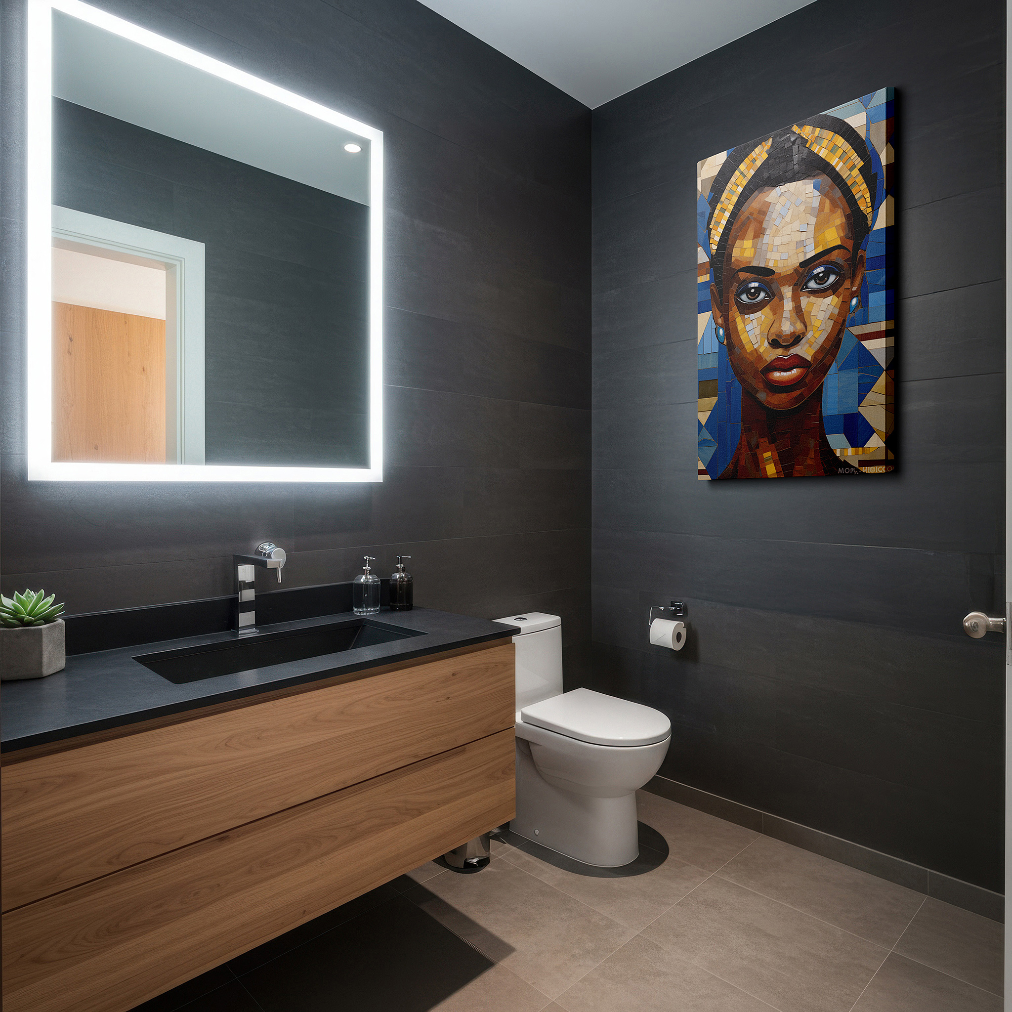 Back view reveals professional finishing and solid wood frame — mysterious glance of a mosaic muse: a tapestry of cultural sophistication and eternal charm - large wall art, canvas wall art, wall decor, office wall art