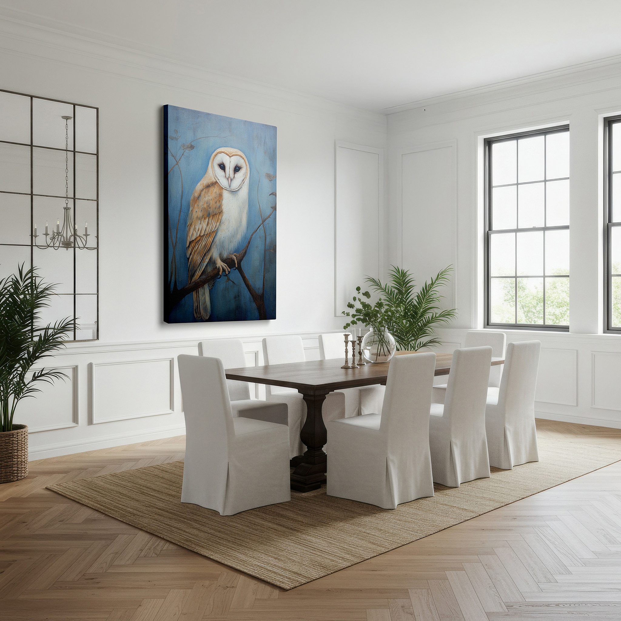 Back view reveals professional finishing and solid wood frame — mysterious owl sitting on a branch, emblematic of nature's serenity and wisdom, oversized wall art, canvas wall art, wall decor for office