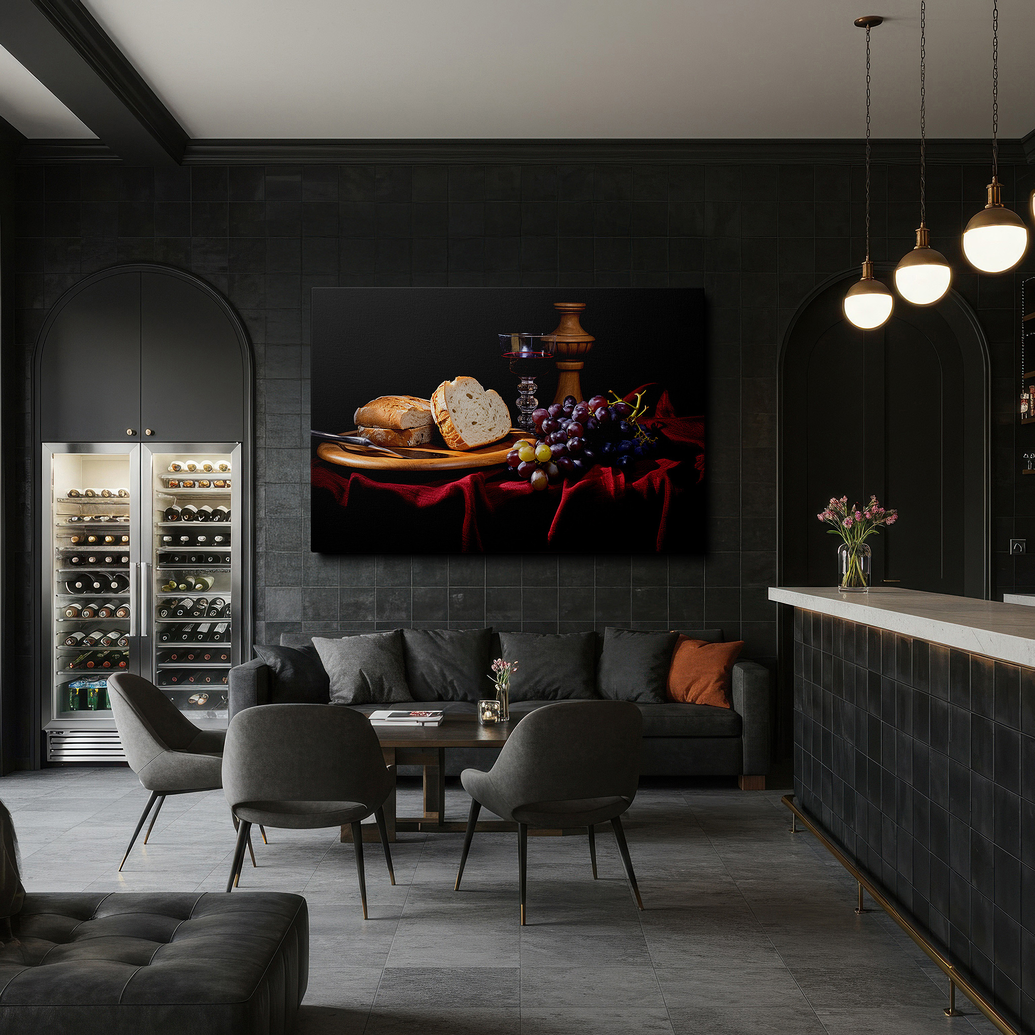 Back view reveals professional finishing and solid wood frame — opulent still life featuring bread, grapes, and wine: a warm, indulgent large wall art for living spaces, canvas art, home and office decor